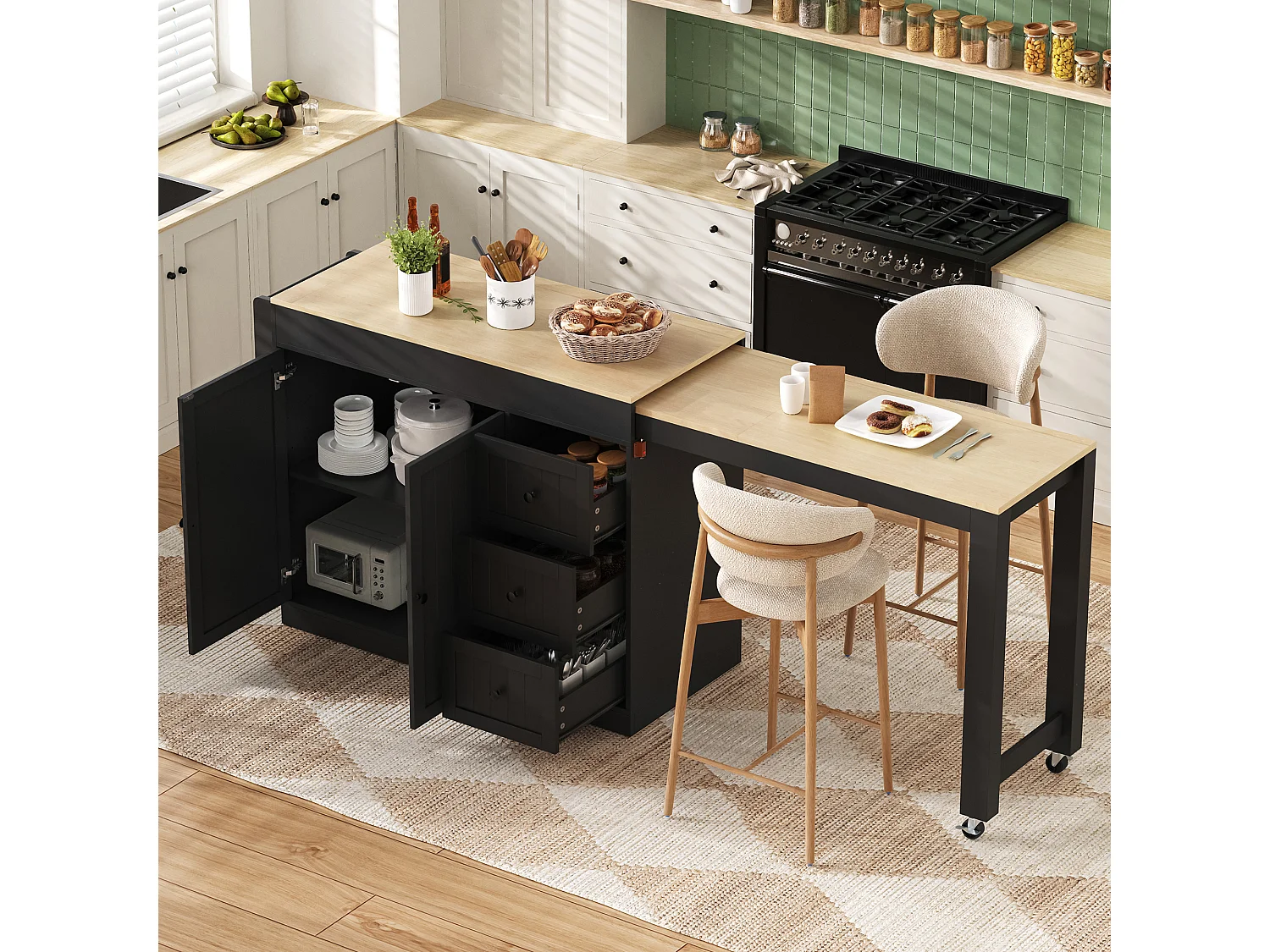Isola cucina allungabile su ruote - 112/186,8 x 45 x 93 cm - con ripiano + 3 cassetti + 2 ante - MDF - nero