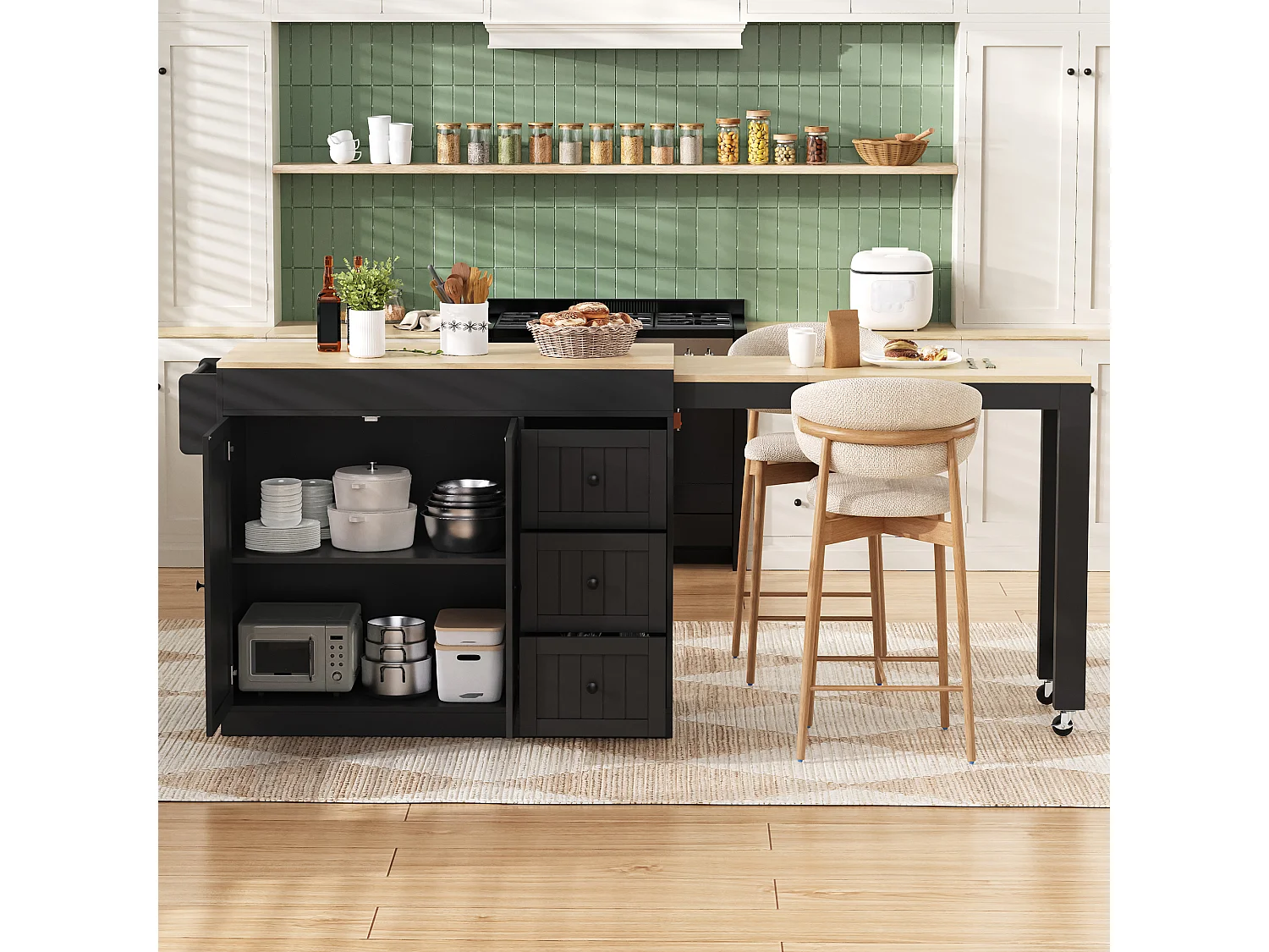 Isola cucina allungabile su ruote - 112/186,8 x 45 x 93 cm - con ripiano + 3 cassetti + 2 ante - MDF - nero
