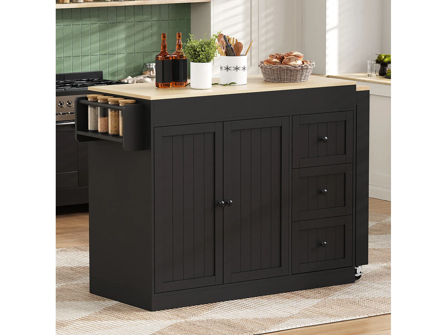 Isola cucina allungabile su ruote - 112/186,8 x 45 x 93 cm - con ripiano + 3 cassetti + 2 ante - MDF - nero