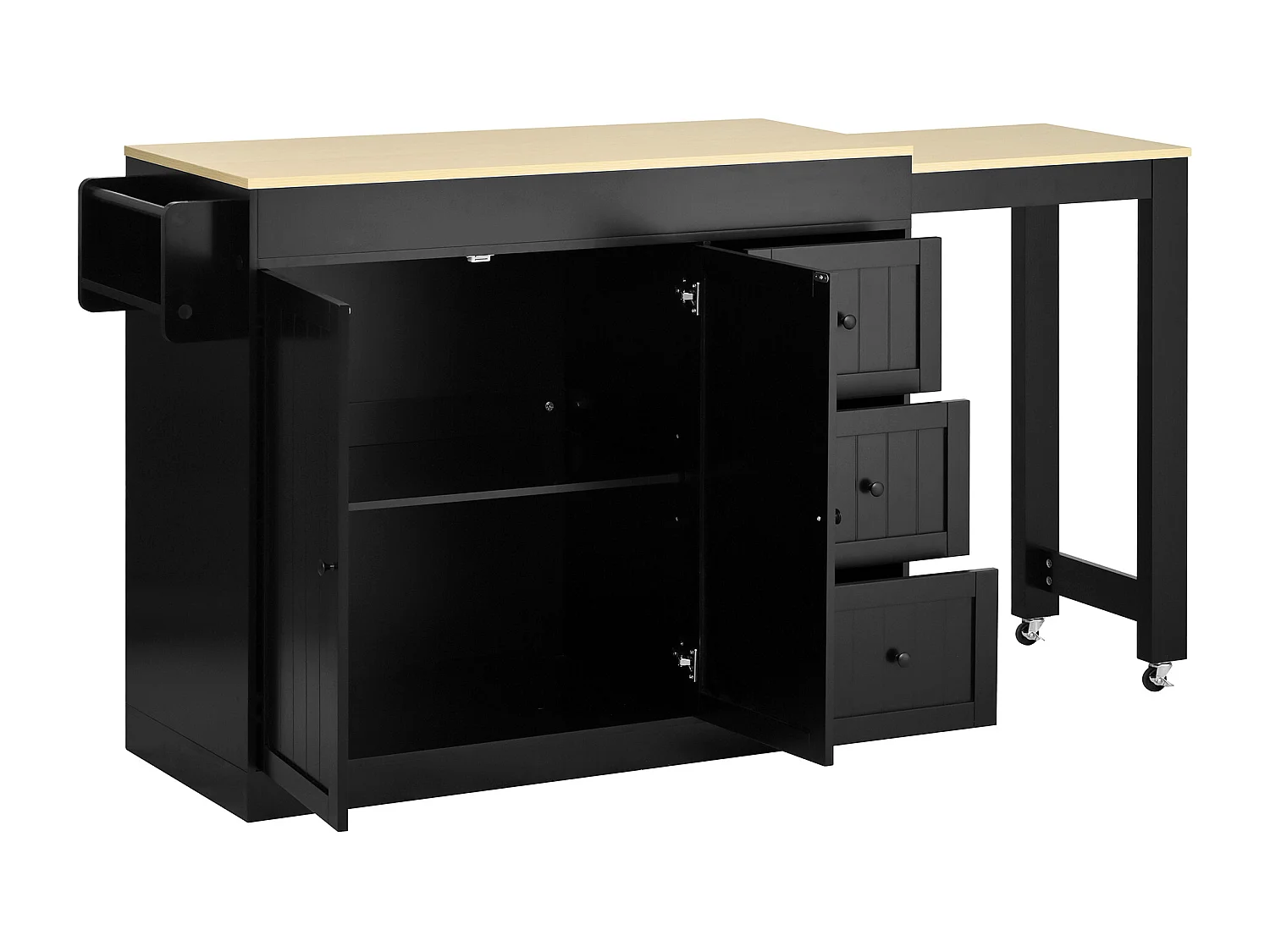 Isola cucina allungabile su ruote - 112/186,8 x 45 x 93 cm - con ripiano + 3 cassetti + 2 ante - MDF - nero