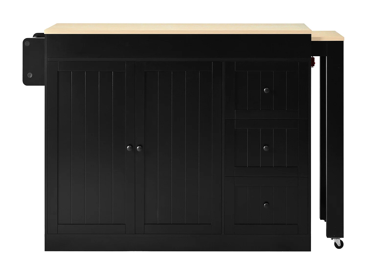 Isola cucina allungabile su ruote - 112/186,8 x 45 x 93 cm - con ripiano + 3 cassetti + 2 ante - MDF - nero