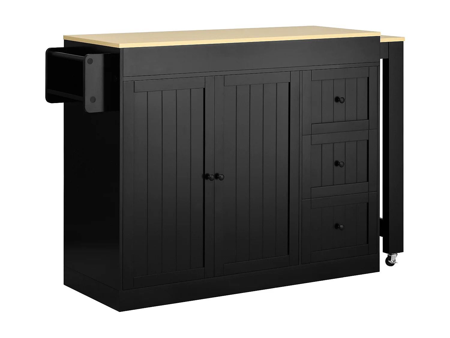 Isola cucina allungabile su ruote - 112/186,8 x 45 x 93 cm - con ripiano + 3 cassetti + 2 ante - MDF - nero