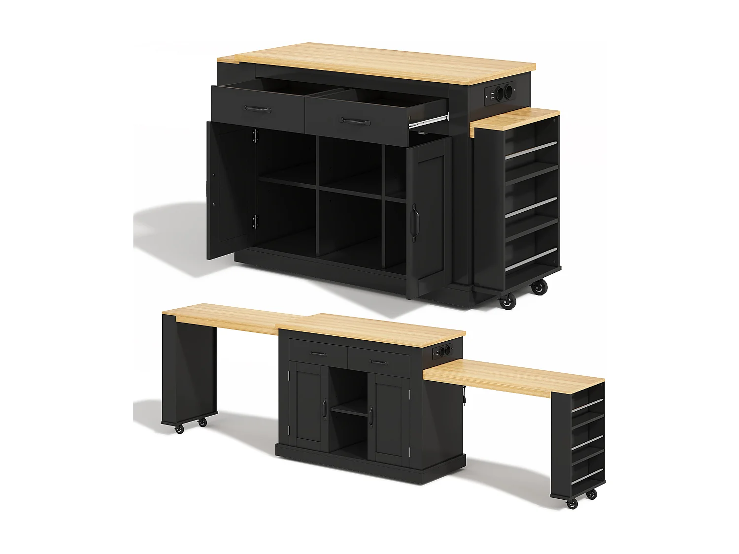 Isola centrale con piani di lavoro scorrevoli - 142-340 x 55 x 93 cm - con prese e porte USB + cassetti + ante - MDF - nero