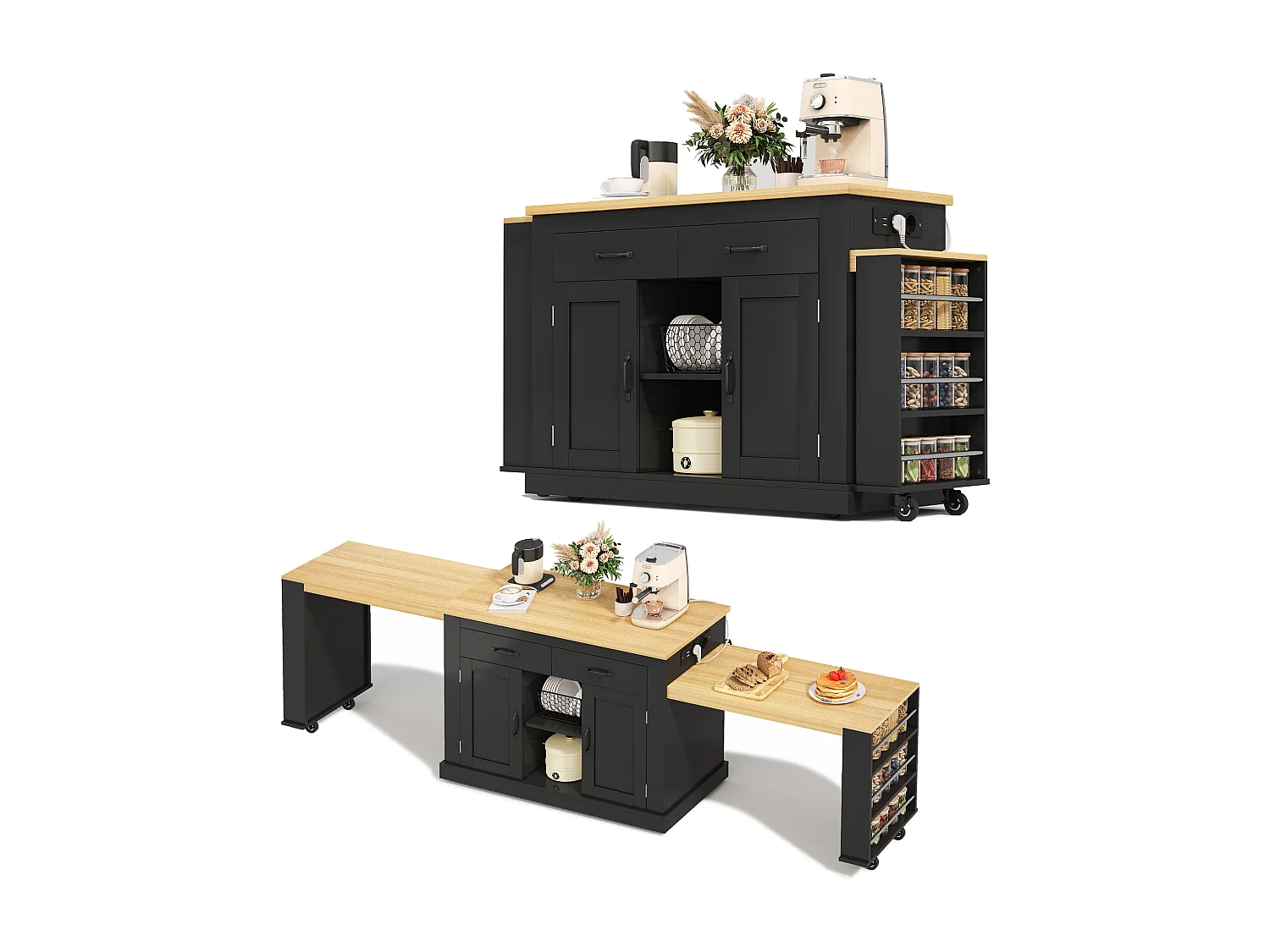 Isola centrale con piani di lavoro scorrevoli - 142-340 x 55 x 93 cm - con prese e porte USB + cassetti + ante - MDF - nero