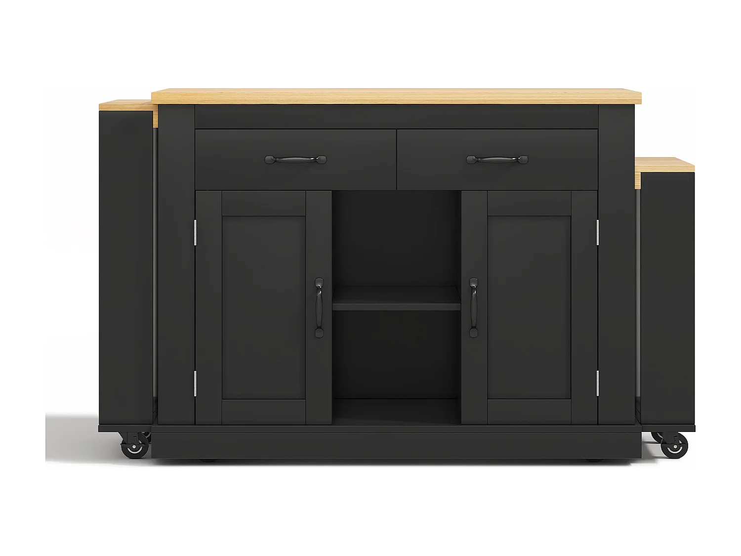 Isola centrale con piani di lavoro scorrevoli - 142-340 x 55 x 93 cm - con prese e porte USB + cassetti + ante - MDF - nero