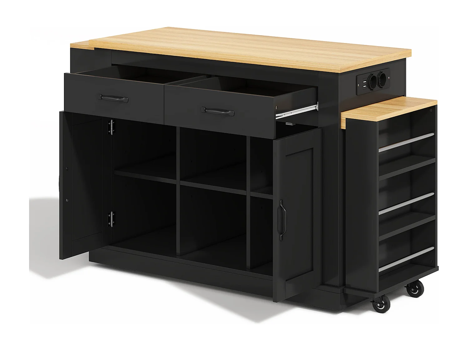 Isola centrale con piani di lavoro scorrevoli - 142-340 x 55 x 93 cm - con prese e porte USB + cassetti + ante - MDF - nero
