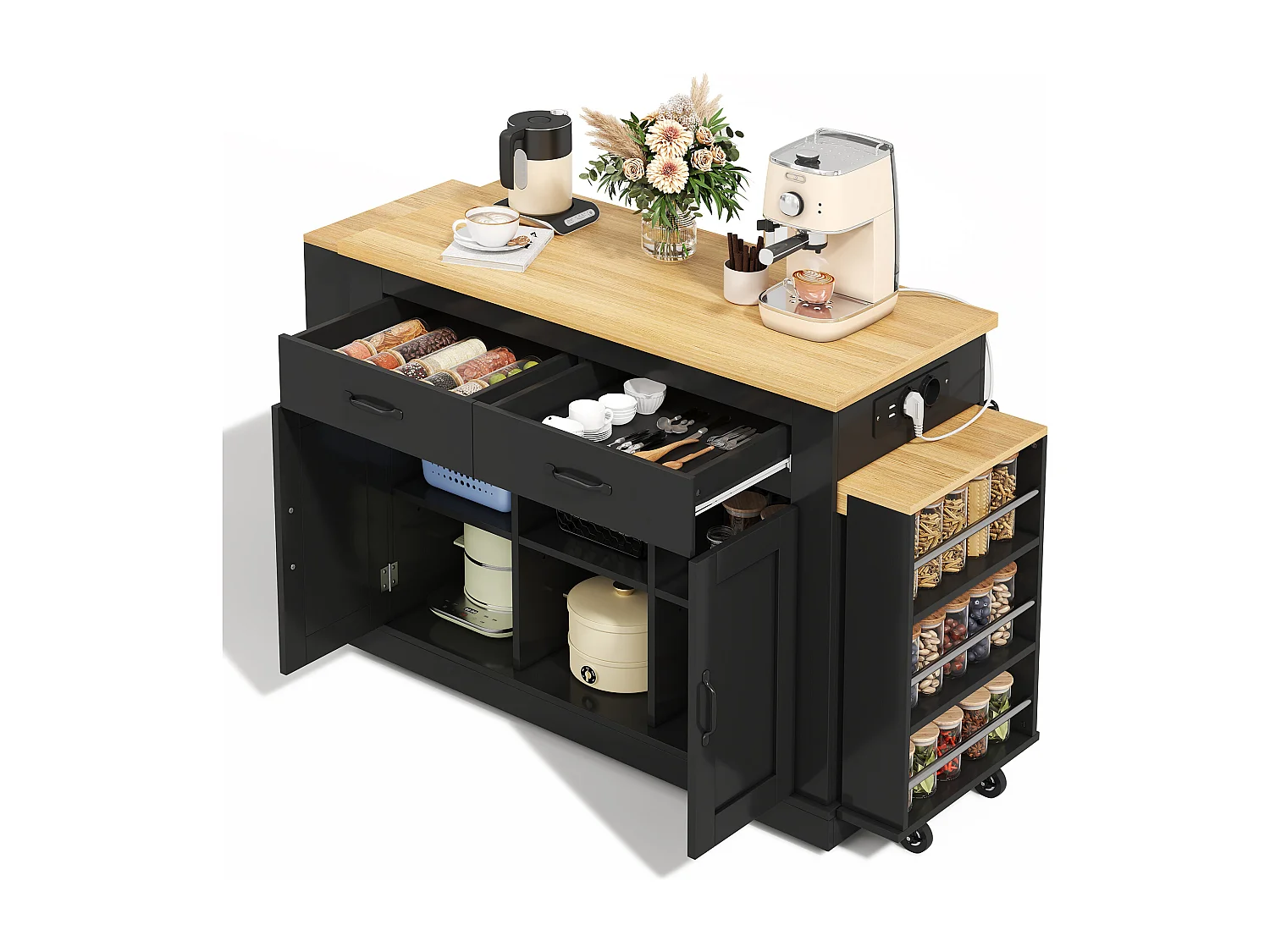 Isola centrale con piani di lavoro scorrevoli - 142-340 x 55 x 93 cm - con prese e porte USB + cassetti + ante - MDF - nero