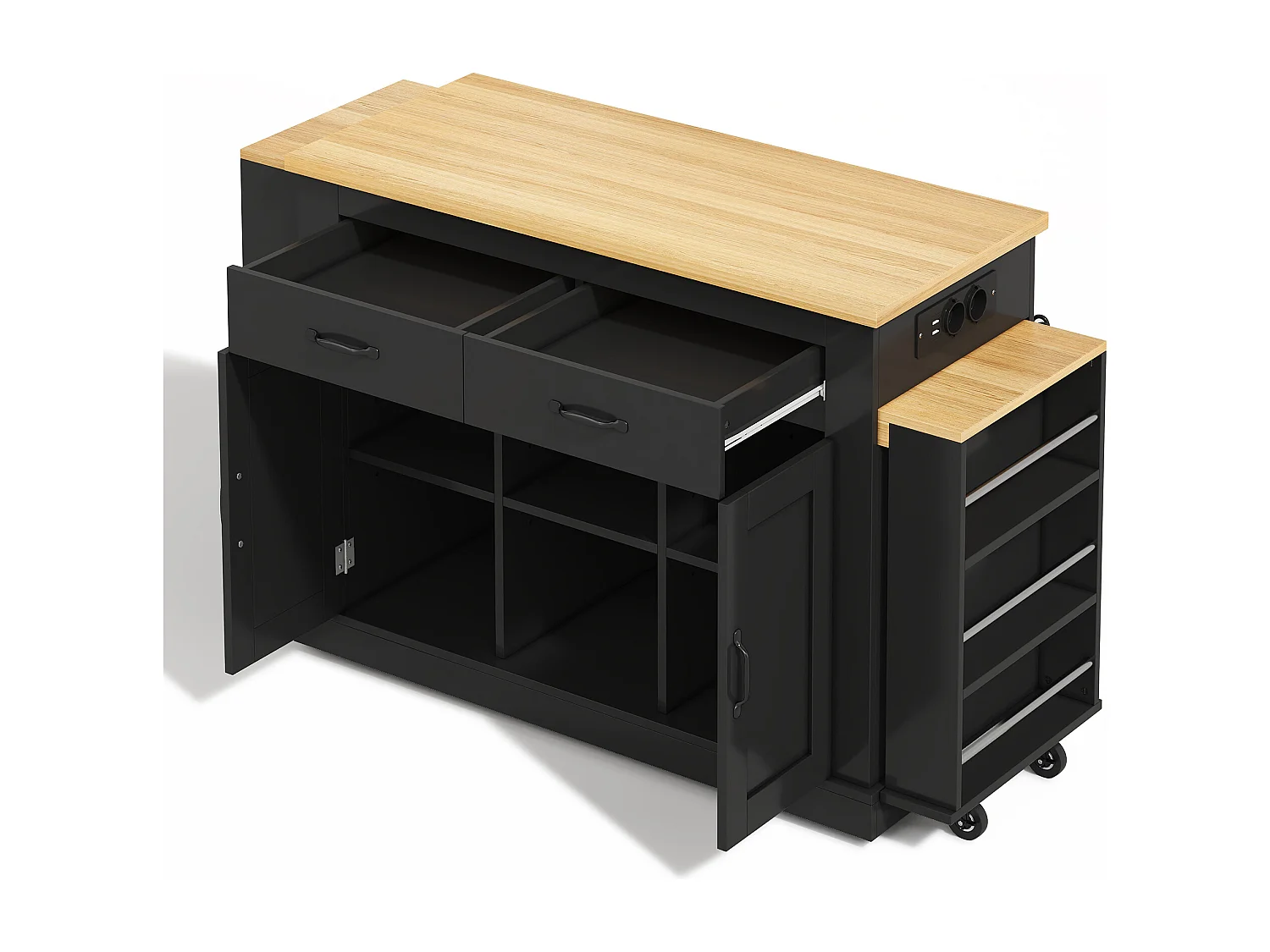 Isola centrale con piani di lavoro scorrevoli - 142-340 x 55 x 93 cm - con prese e porte USB + cassetti + ante - MDF - nero