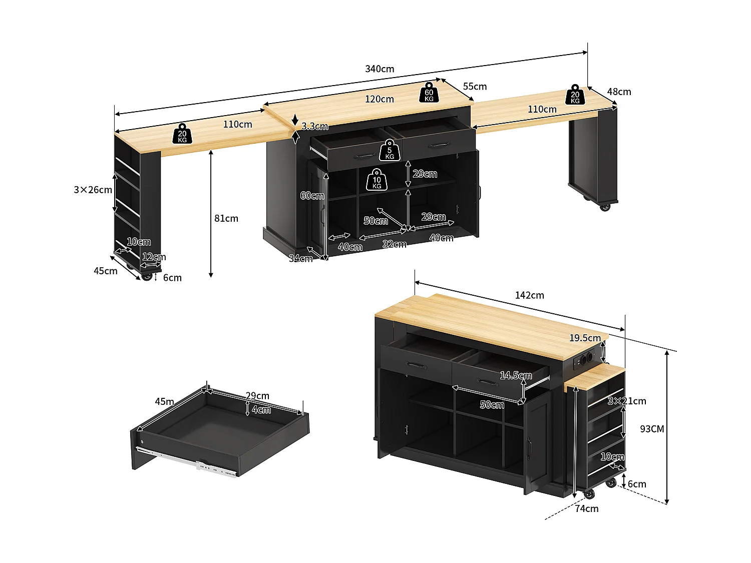 Isola centrale con piani di lavoro scorrevoli - 142-340 x 55 x 93 cm - con prese e porte USB + cassetti + ante - MDF - nero