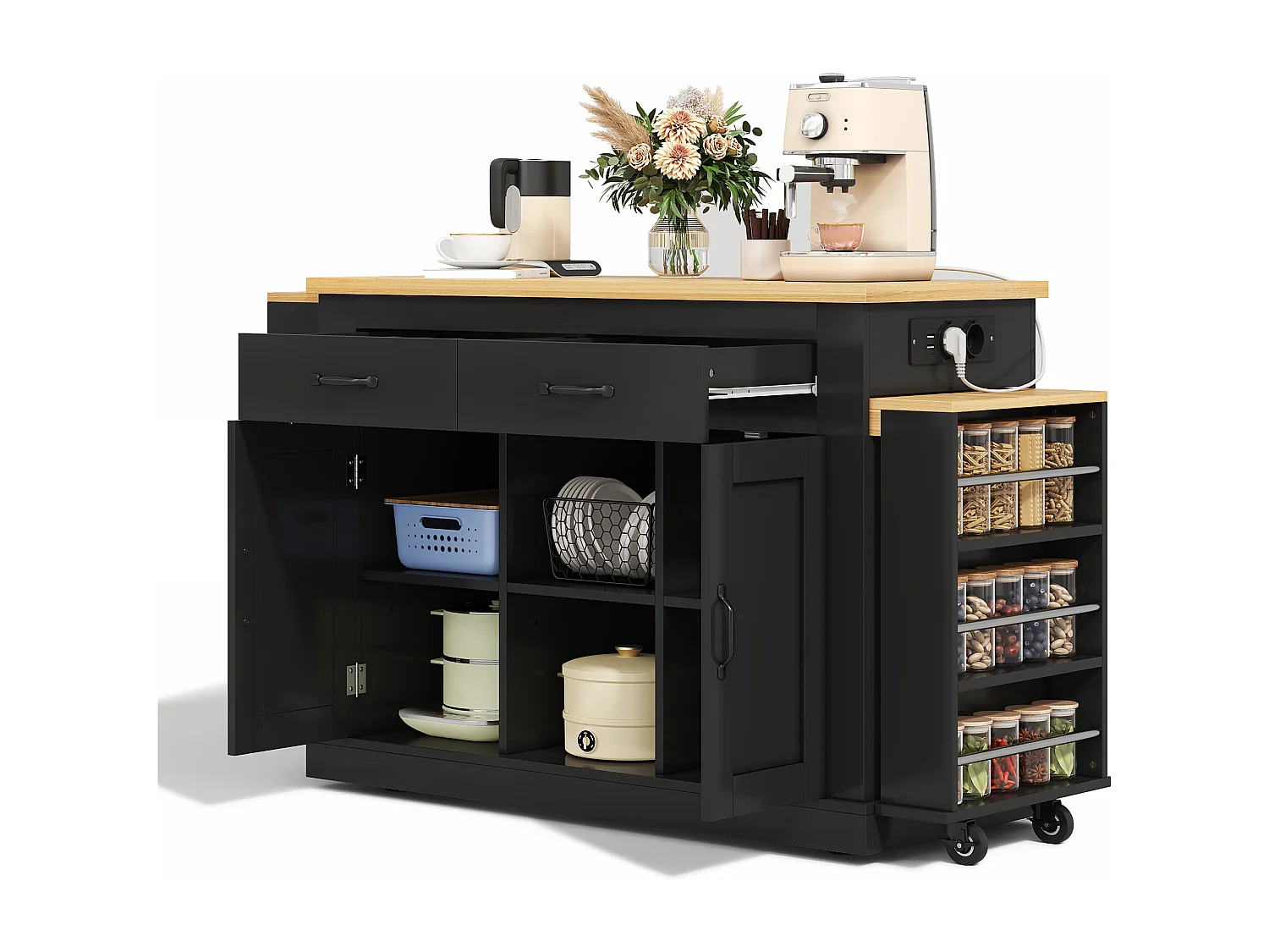 Isola centrale con piani di lavoro scorrevoli - 142-340 x 55 x 93 cm - con prese e porte USB + cassetti + ante - MDF - nero