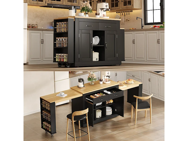 Isola centrale con piani di lavoro scorrevoli - 142-340 x 55 x 93 cm - con prese e porte USB + cassetti + ante - MDF - nero