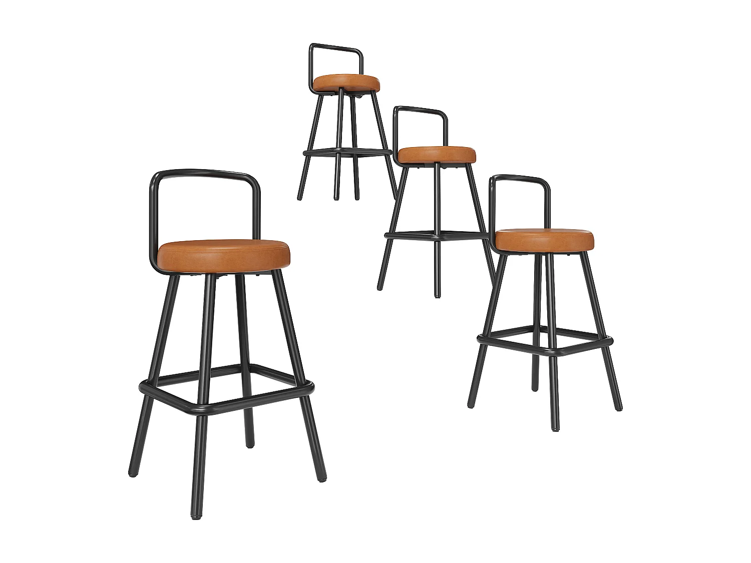 4er-Set Barhocker – 37 x 37 x 90,5 cm – mit Rücken- und Fußstütze – PU-Leder und Eisenbeine – braun