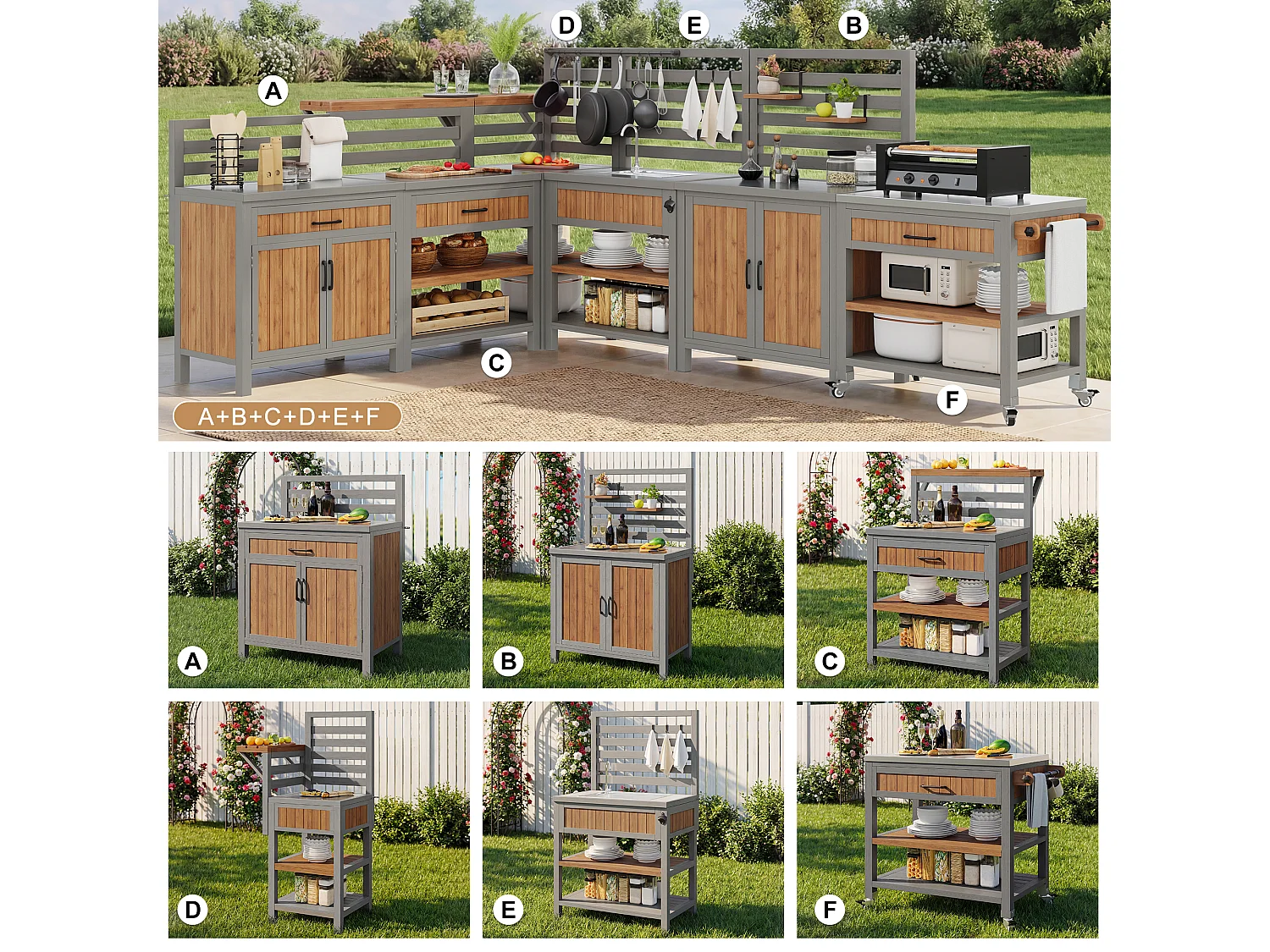 Mobilny zestaw mebli ogrodowych - 403,8 x 134,4 x 148,5 cm - ze zlewem + baterią + szufladami + drzwiami - drewno - naturalne