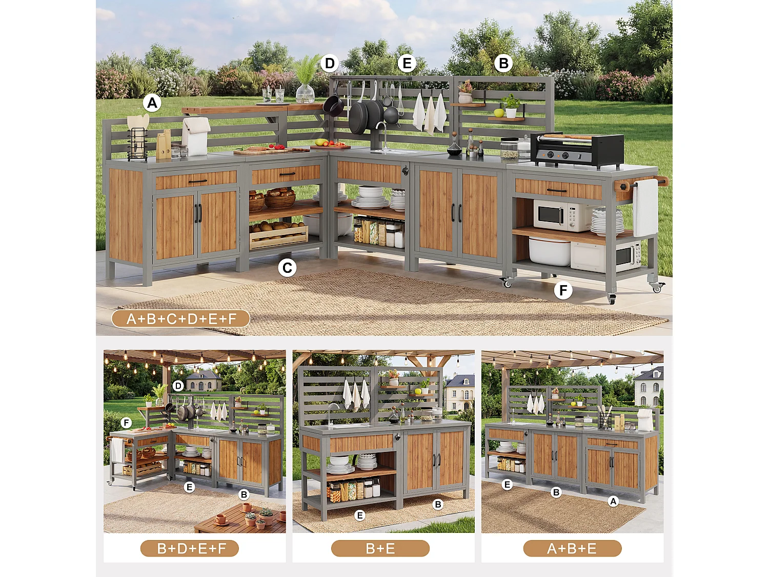 Mobilny zestaw mebli ogrodowych - 403,8 x 134,4 x 148,5 cm - ze zlewem + baterią + szufladami + drzwiami - drewno - naturalne