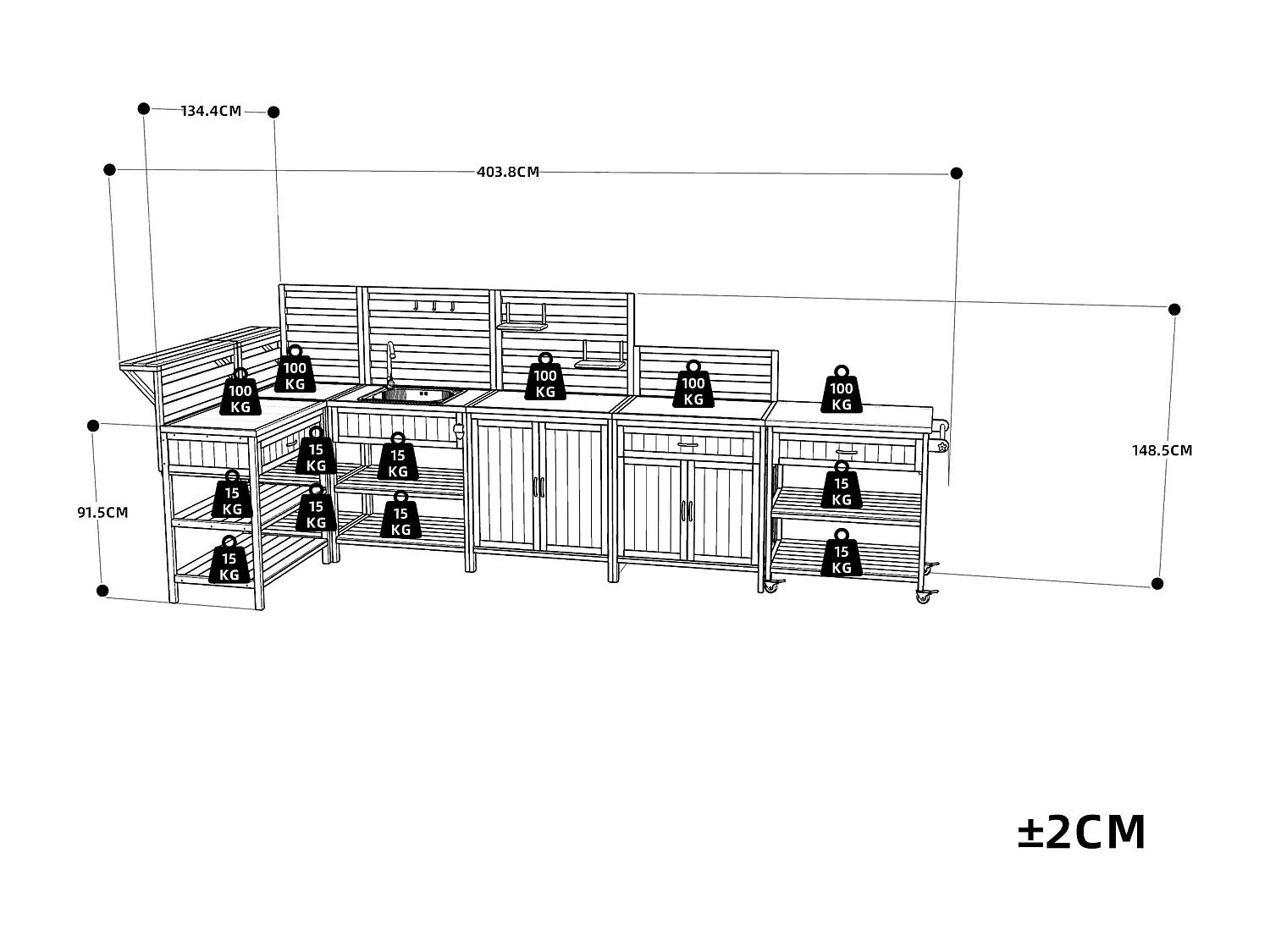 Mobilny zestaw mebli ogrodowych - 403,8 x 134,4 x 148,5 cm - ze zlewem + baterią + szufladami + drzwiami - drewno - naturalne