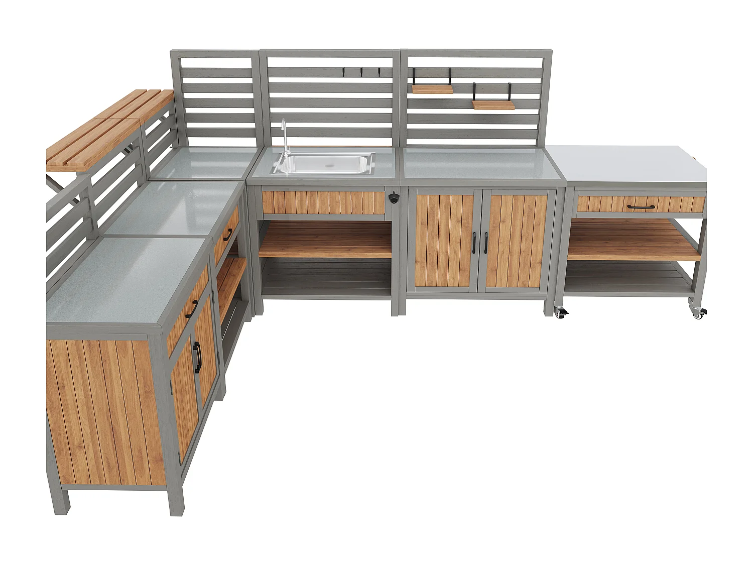 Mobilny zestaw mebli ogrodowych - 403,8 x 134,4 x 148,5 cm - ze zlewem + baterią + szufladami + drzwiami - drewno - naturalne