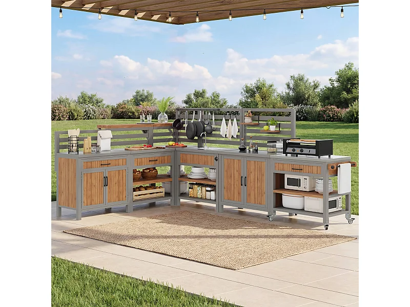 Mobilny zestaw mebli ogrodowych - 403,8 x 134,4 x 148,5 cm - ze zlewem + baterią + szufladami + drzwiami - drewno - naturalne