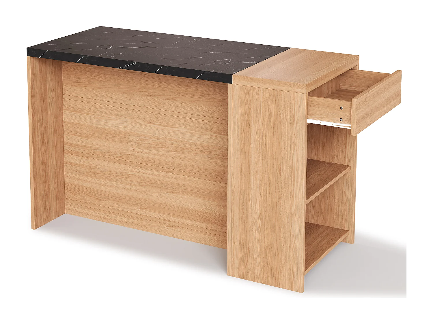 Îlot de cuisine - 140 x 60 x 90 cm - avec 5 niveaux de rangement + tiroir dissimulé - aspect chêne et marbre noir - MDF