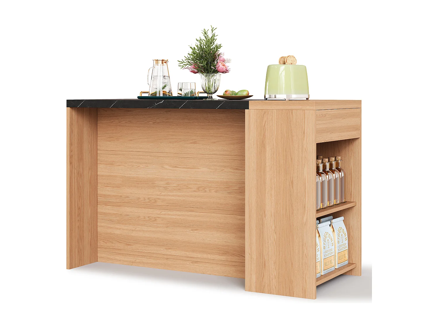 Îlot de cuisine - 140 x 60 x 90 cm - avec 5 niveaux de rangement + tiroir dissimulé - aspect chêne et marbre noir - MDF