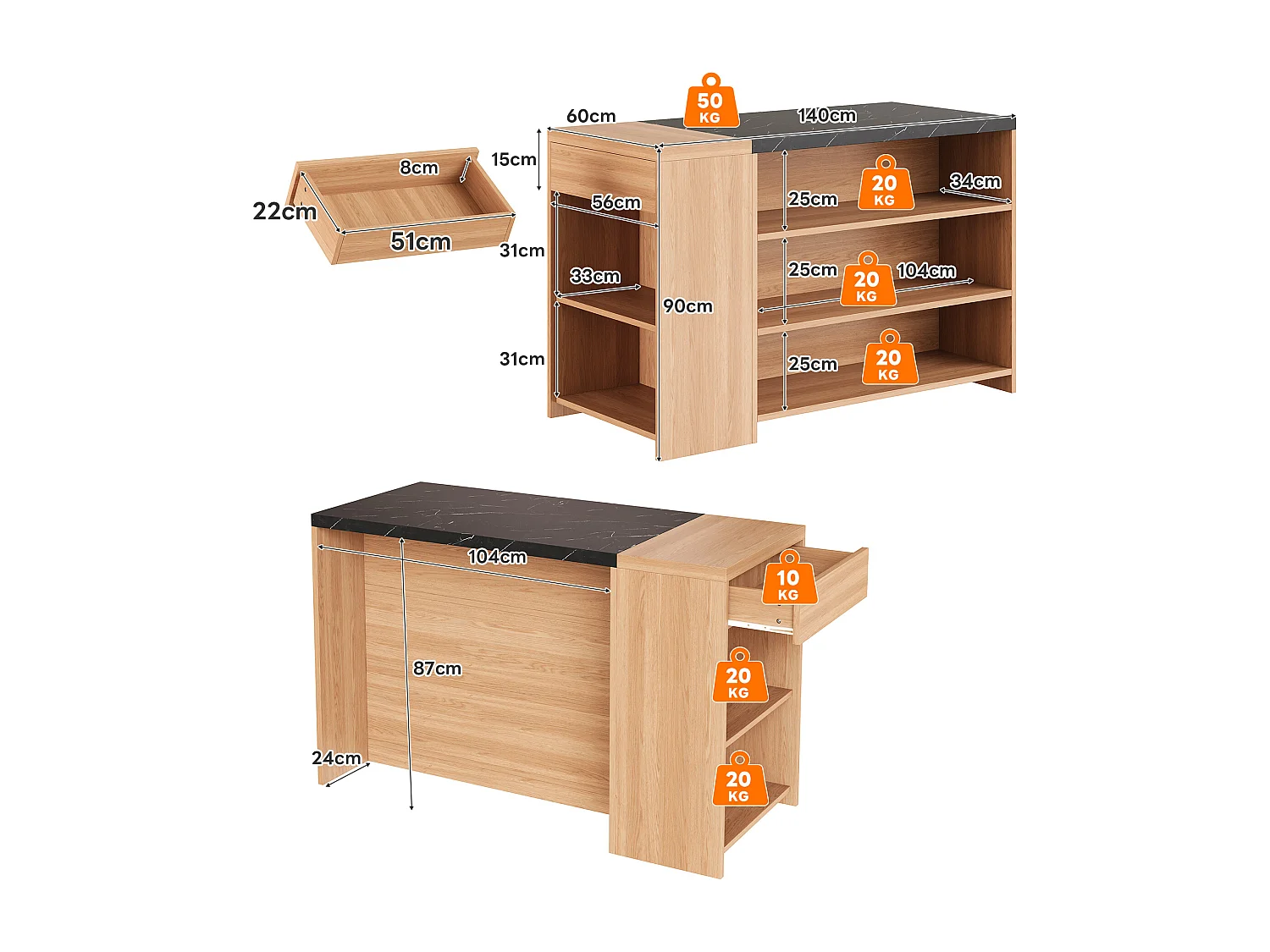 Îlot de cuisine - 140 x 60 x 90 cm - avec 5 niveaux de rangement + tiroir dissimulé - aspect chêne et marbre noir - MDF