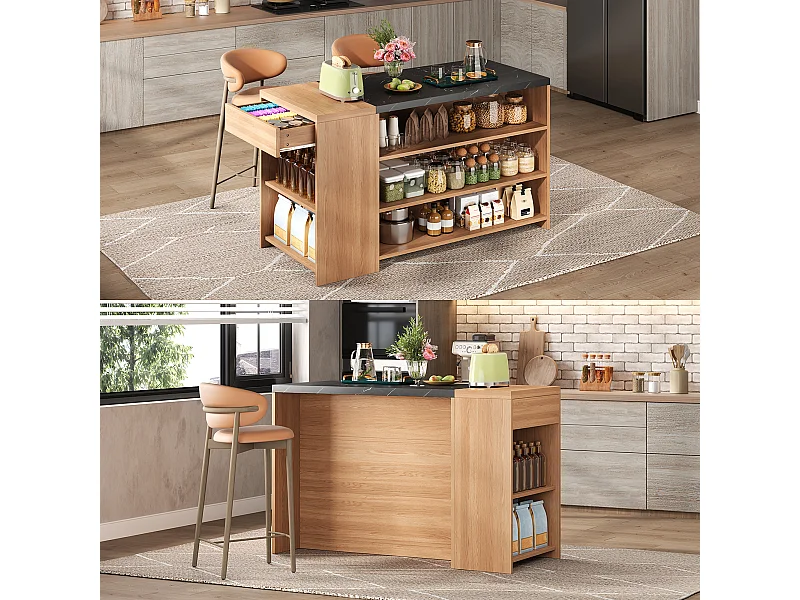 Îlot de cuisine - 140 x 60 x 90 cm - avec 5 niveaux de rangement + tiroir dissimulé - aspect chêne et marbre noir - MDF