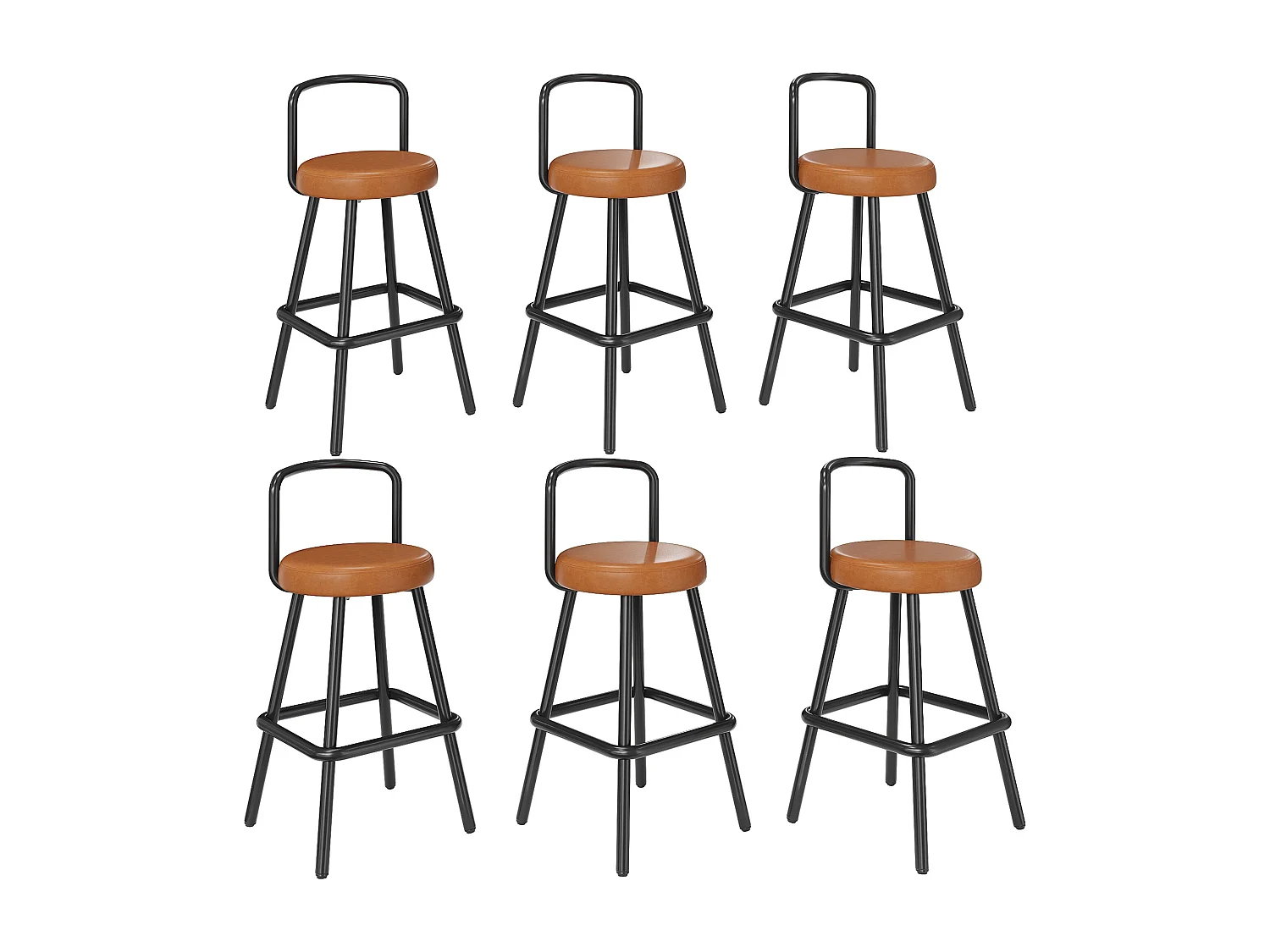 6er-Set Barhocker – 37 x 37 x 90,5 cm – mit Rücken- und Fußstütze – PU-Leder und Eisenbeine – braun