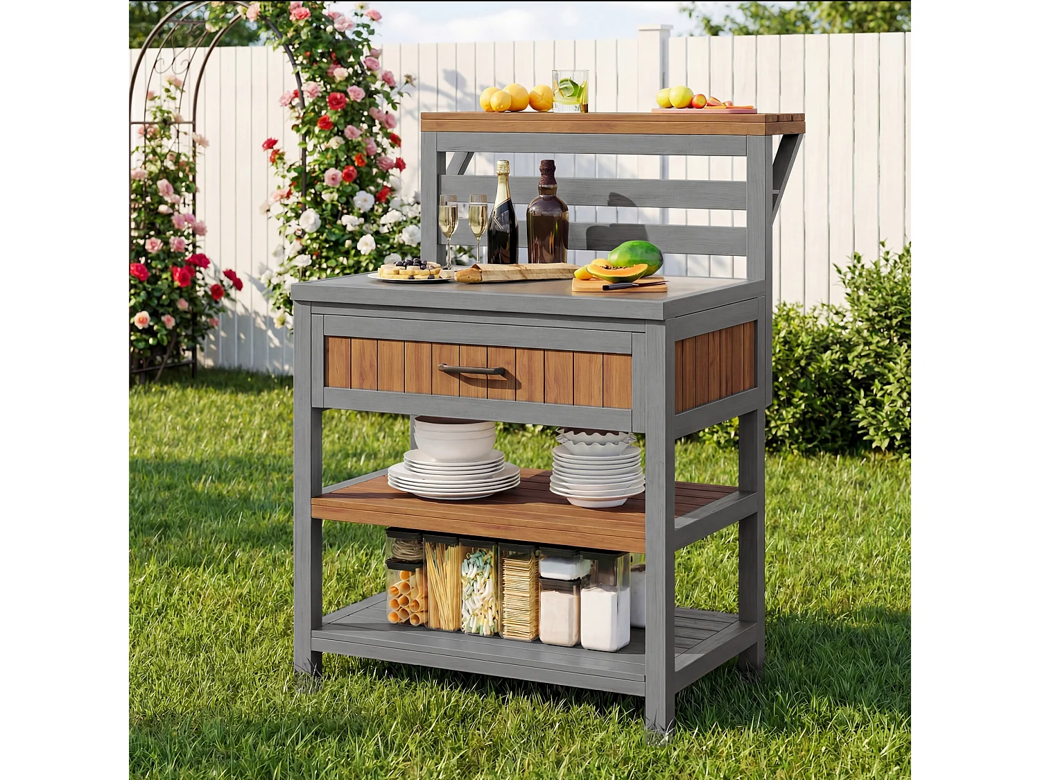 Gartenschrank aus Holz – 80 x 72,5 x 123 cm – mit Arbeitsplatte, Schublade und Doppelregal – natur