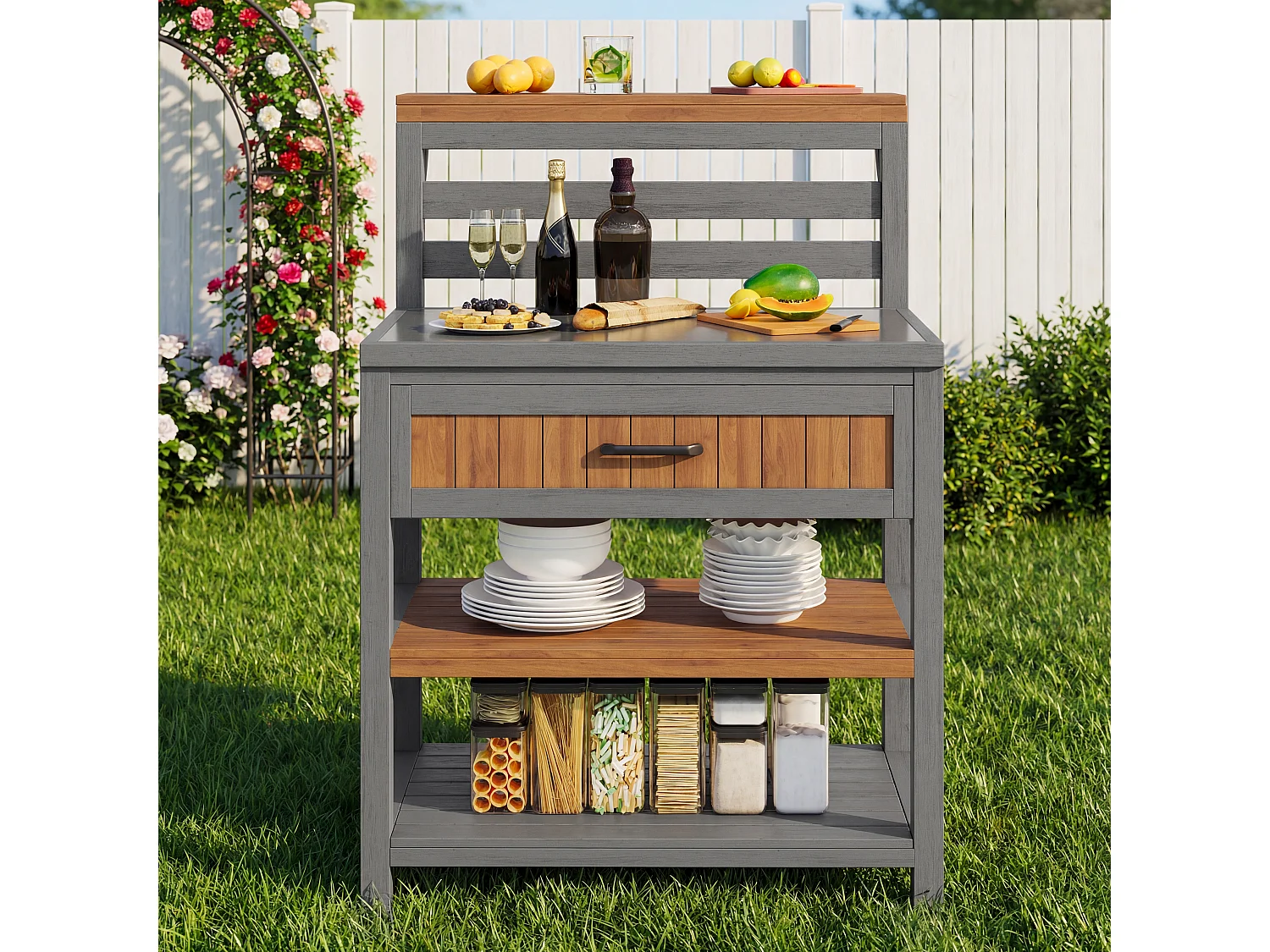 Gartenschrank aus Holz – 80 x 72,5 x 123 cm – mit Arbeitsplatte, Schublade und Doppelregal – natur