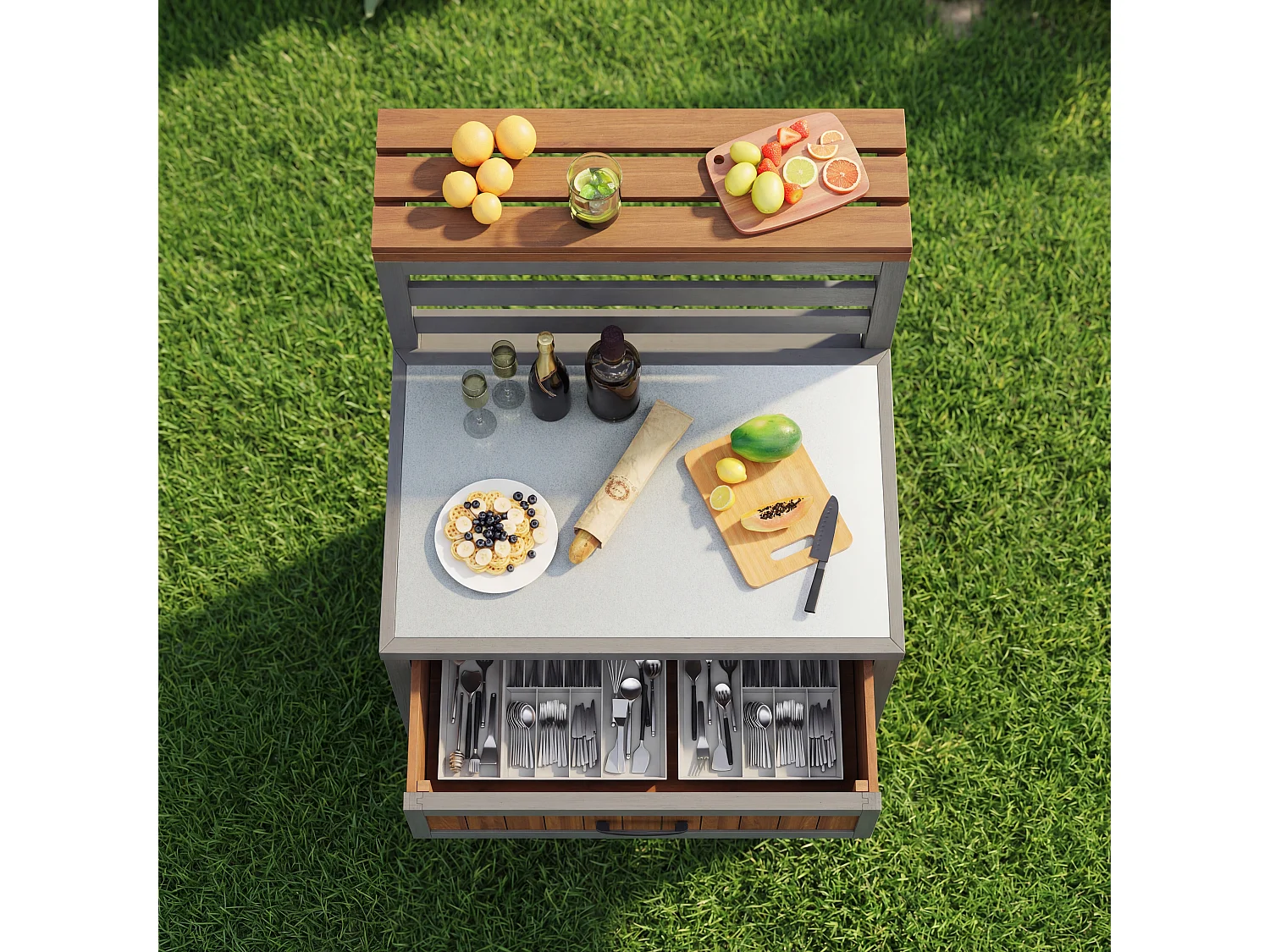 Gartenschrank aus Holz – 80 x 72,5 x 123 cm – mit Arbeitsplatte, Schublade und Doppelregal – natur