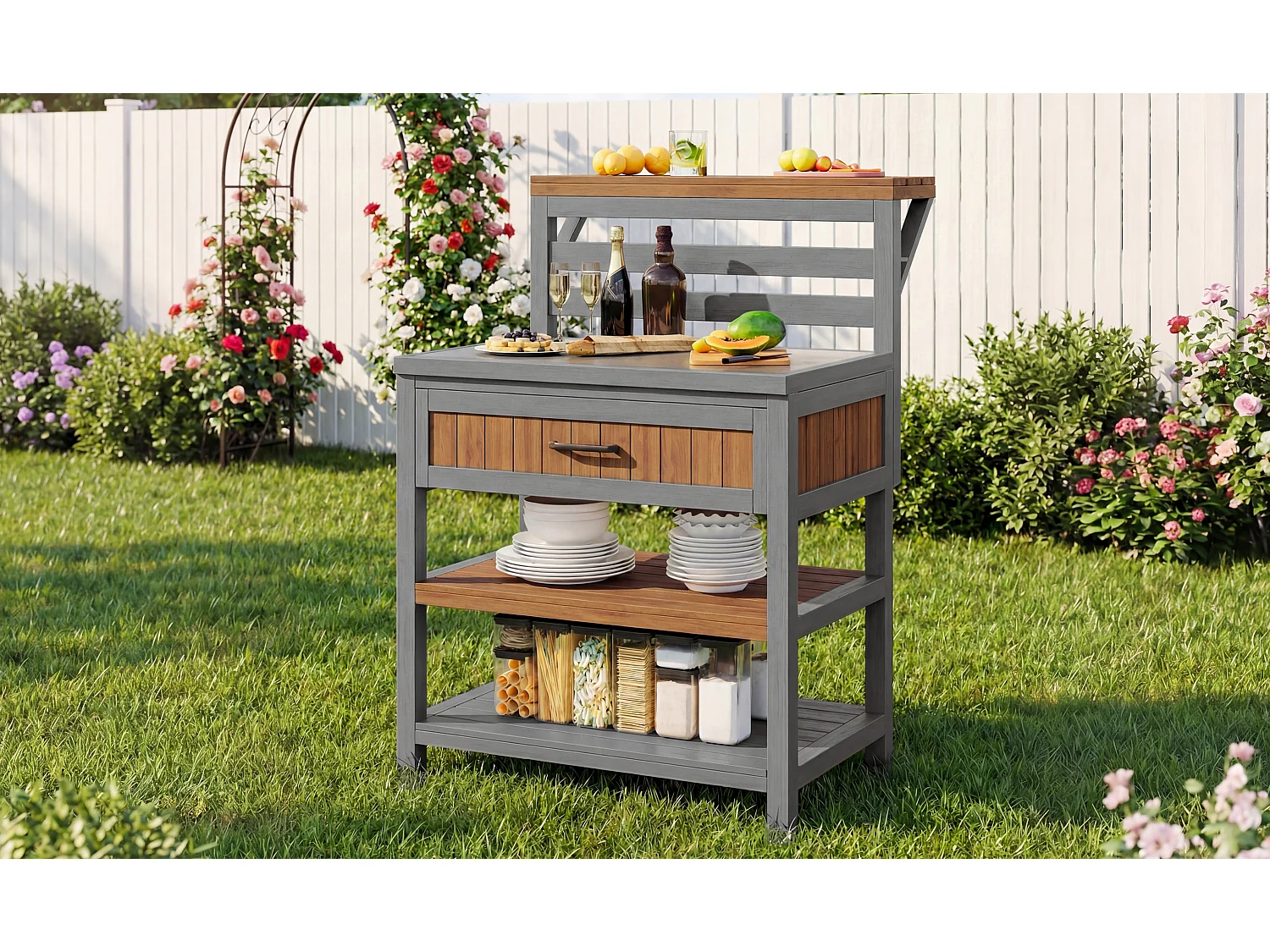 Gartenschrank aus Holz – 80 x 72,5 x 123 cm – mit Arbeitsplatte, Schublade und Doppelregal – natur