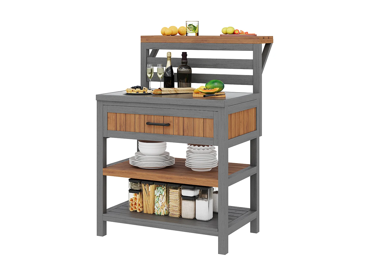 Gartenschrank aus Holz – 80 x 72,5 x 123 cm – mit Arbeitsplatte, Schublade und Doppelregal – natur