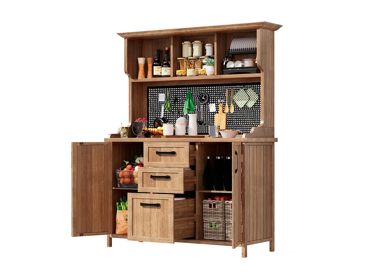 Drewniana szafka ogrodowa - 125 x 50 x 185 cm - z 3 szufladami + 3 przegrodami + metalowy panel perforowany - naturalny