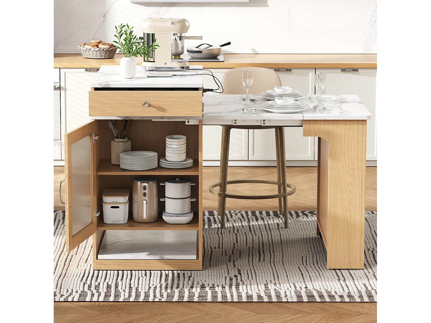 Ausziehbarer Bartisch mit abnehmbarer Platte – 80 x 71/111/151 x 92 cm – mit Tür und Schublade – MDF und Glas – natur