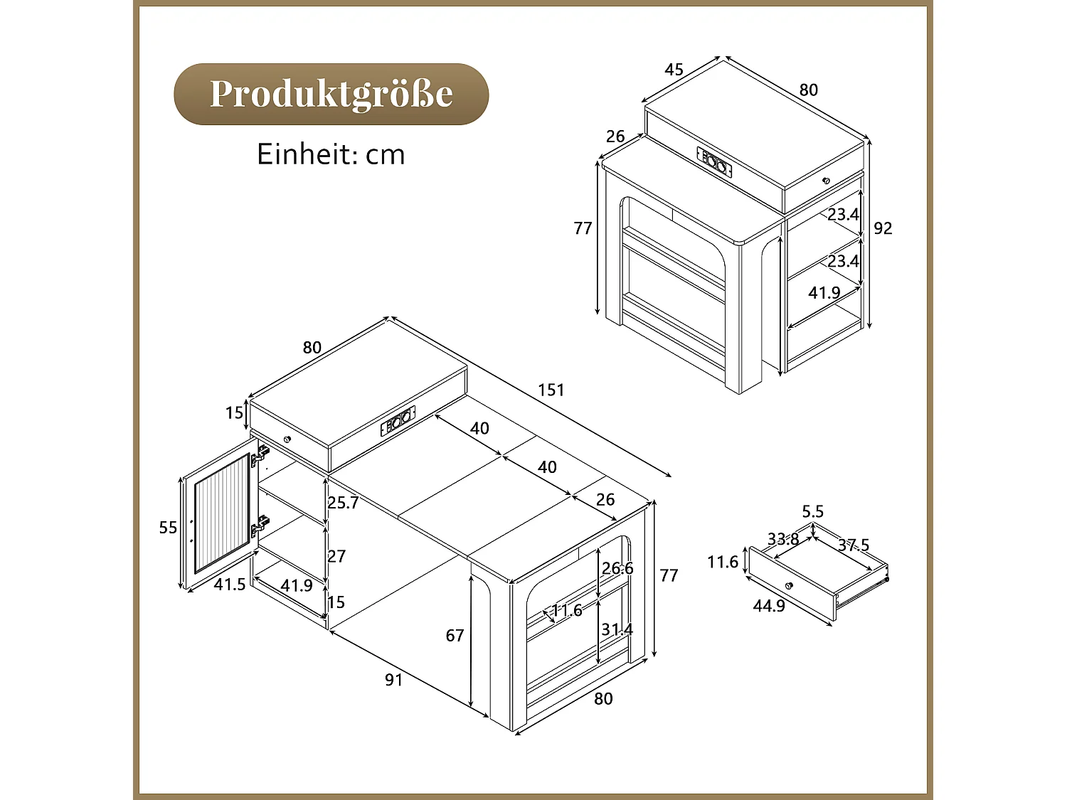 Ausziehbarer Bartisch mit abnehmbarer Platte – 80 x 71/111/151 x 92 cm – mit Tür und Schublade – MDF und Glas – natur