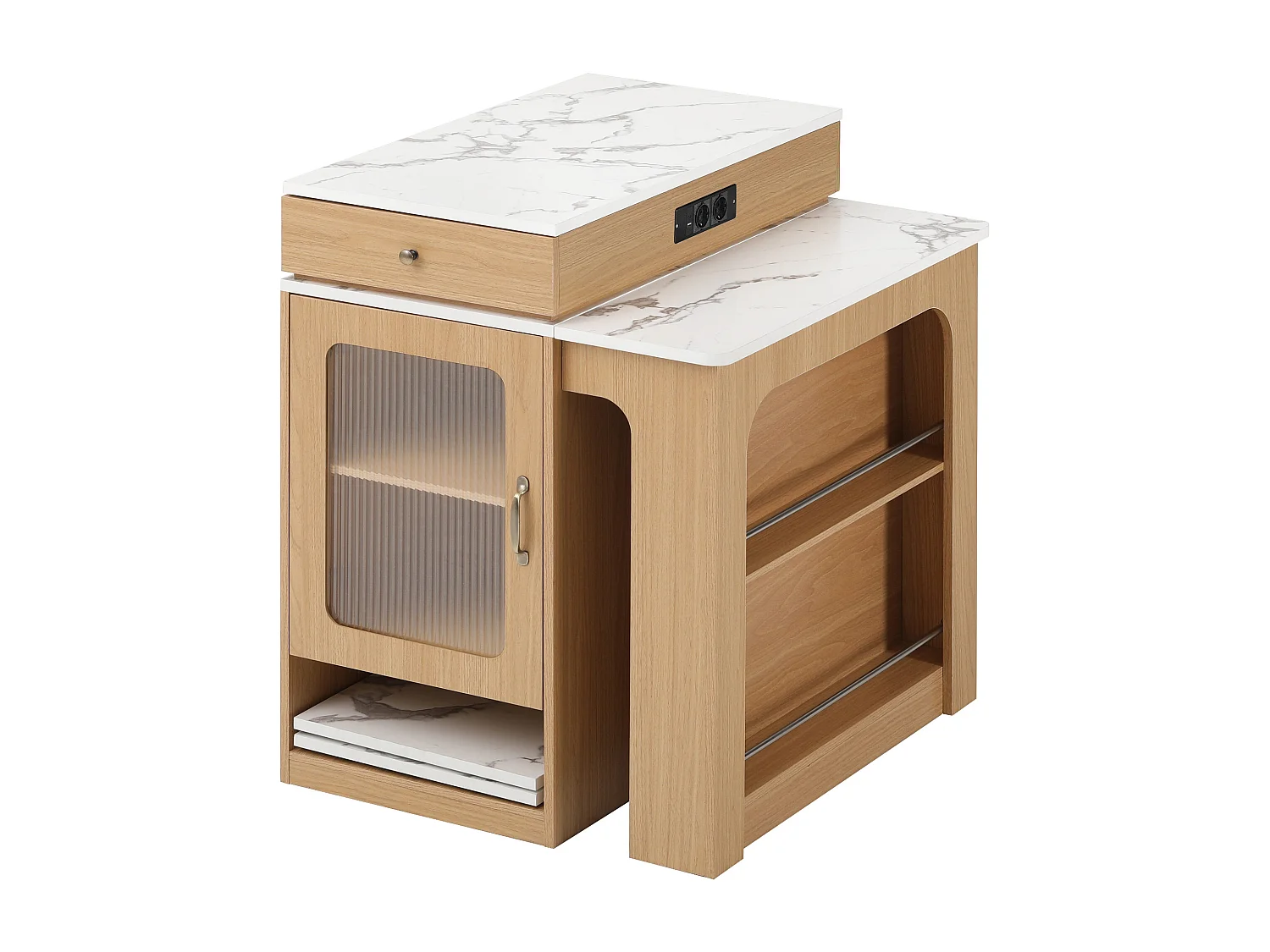 Ausziehbarer Bartisch mit abnehmbarer Platte – 80 x 71/111/151 x 92 cm – mit Tür und Schublade – MDF und Glas – natur