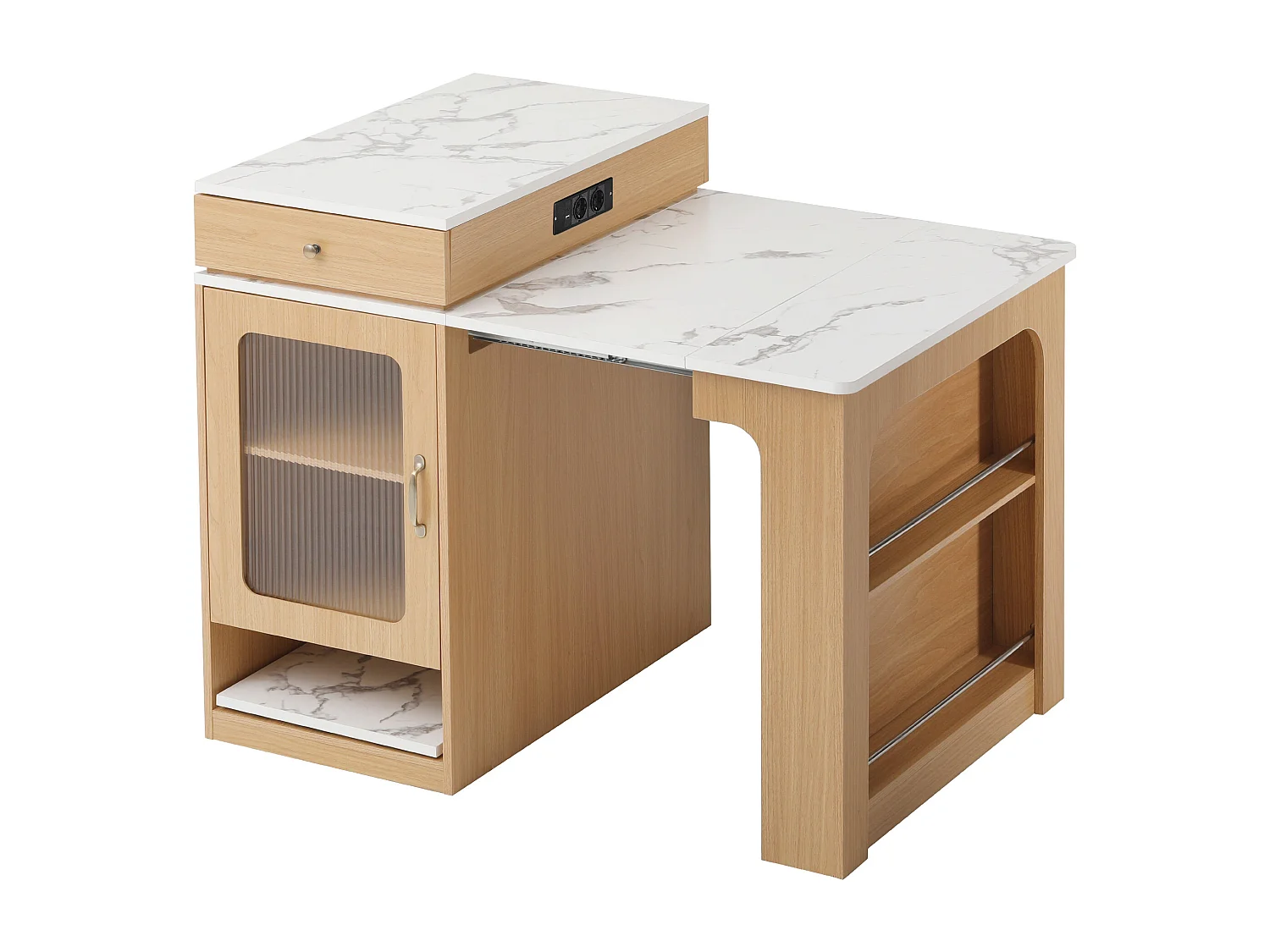 Ausziehbarer Bartisch mit abnehmbarer Platte – 80 x 71/111/151 x 92 cm – mit Tür und Schublade – MDF und Glas – natur