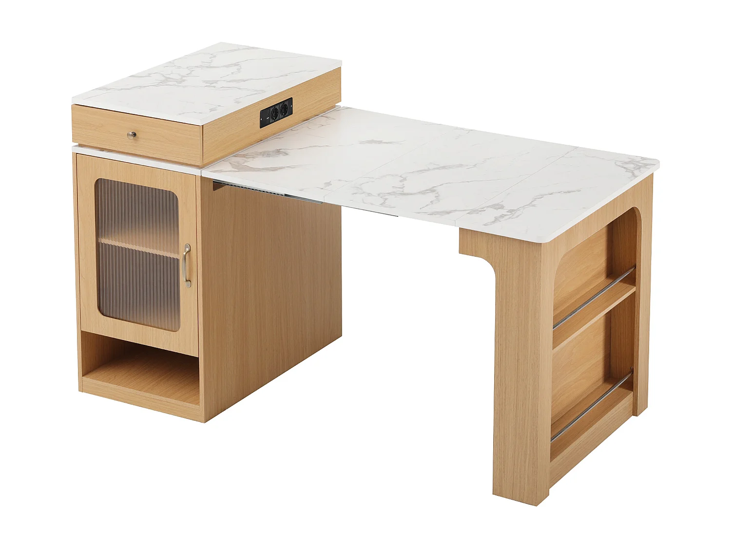 Ausziehbarer Bartisch mit abnehmbarer Platte – 80 x 71/111/151 x 92 cm – mit Tür und Schublade – MDF und Glas – natur