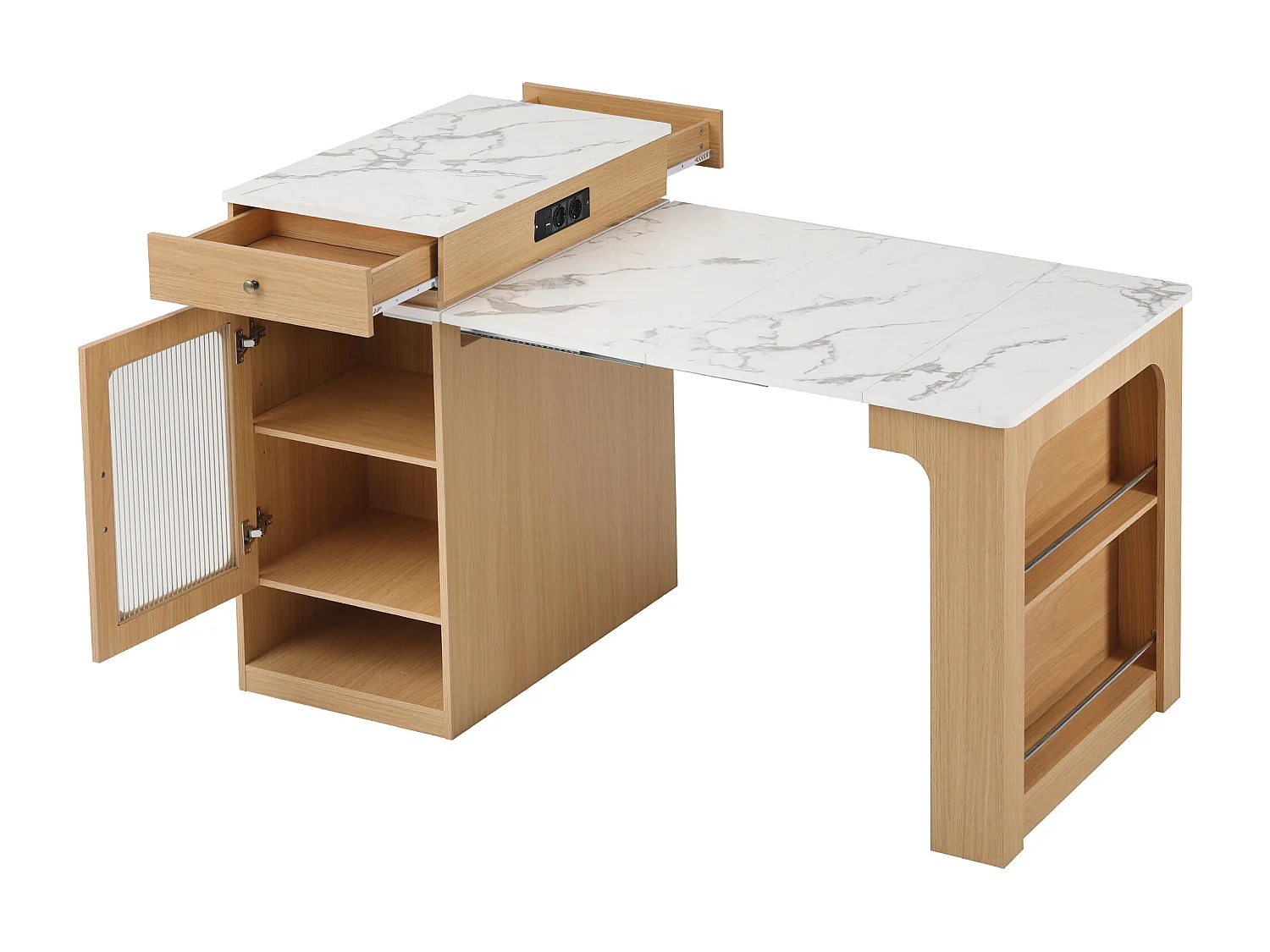 Ausziehbarer Bartisch mit abnehmbarer Platte – 80 x 71/111/151 x 92 cm – mit Tür und Schublade – MDF und Glas – natur