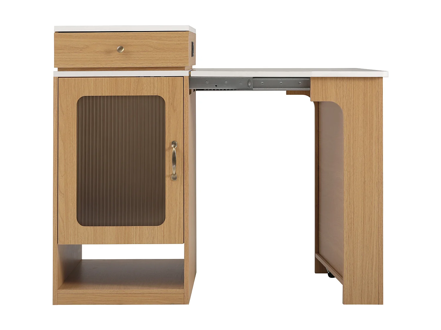 Ausziehbarer Bartisch mit abnehmbarer Platte – 80 x 71/111/151 x 92 cm – mit Tür und Schublade – MDF und Glas – natur