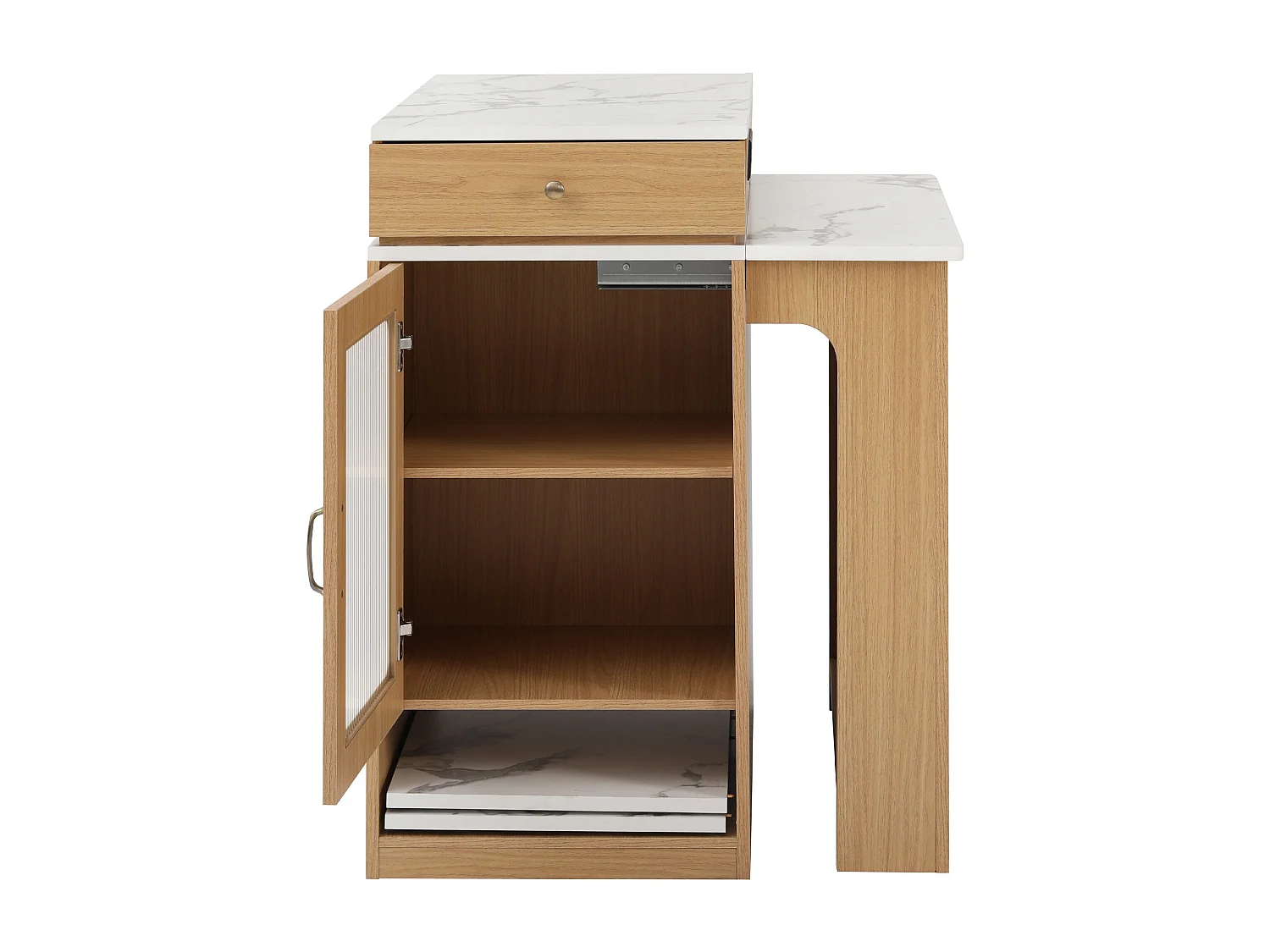 Ausziehbarer Bartisch mit abnehmbarer Platte – 80 x 71/111/151 x 92 cm – mit Tür und Schublade – MDF und Glas – natur