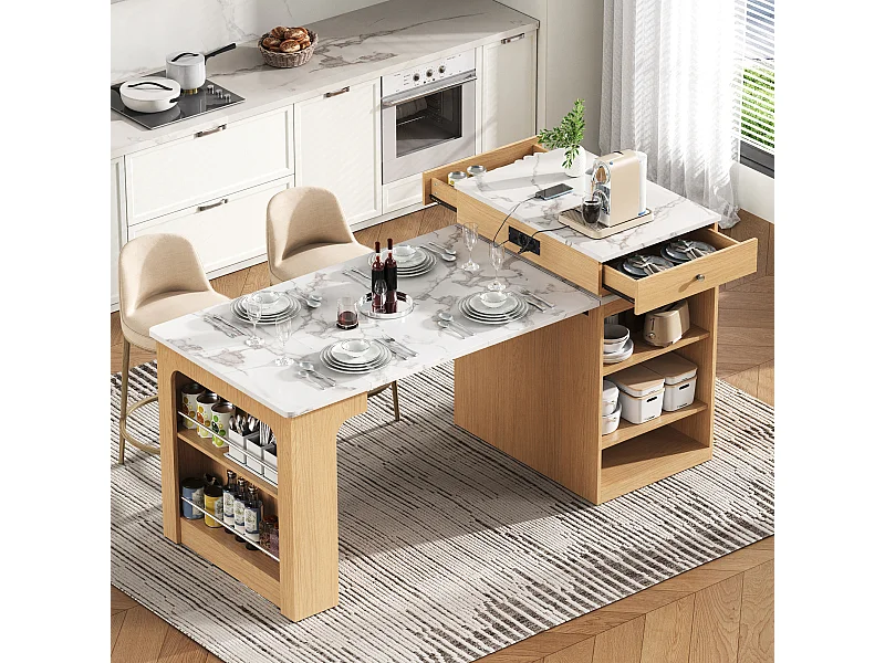 Ausziehbarer Bartisch mit abnehmbarer Platte – 80 x 71/111/151 x 92 cm – mit Tür und Schublade – MDF und Glas – natur