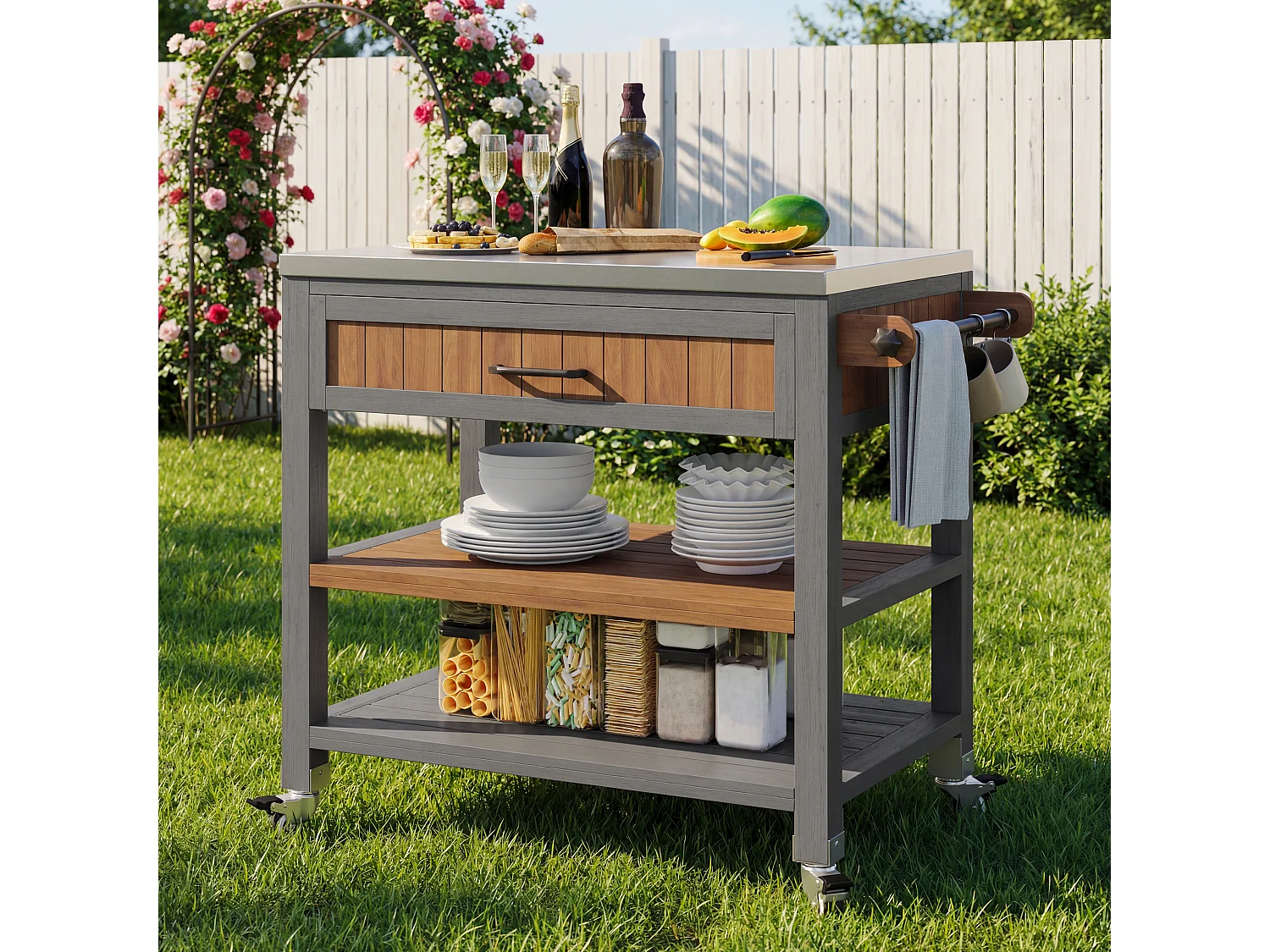 Szafka ogrodowa na kółkach - 80 x 51 x 91,5 cm - z blatem roboczym + szufladami + półką - drewno - naturalne