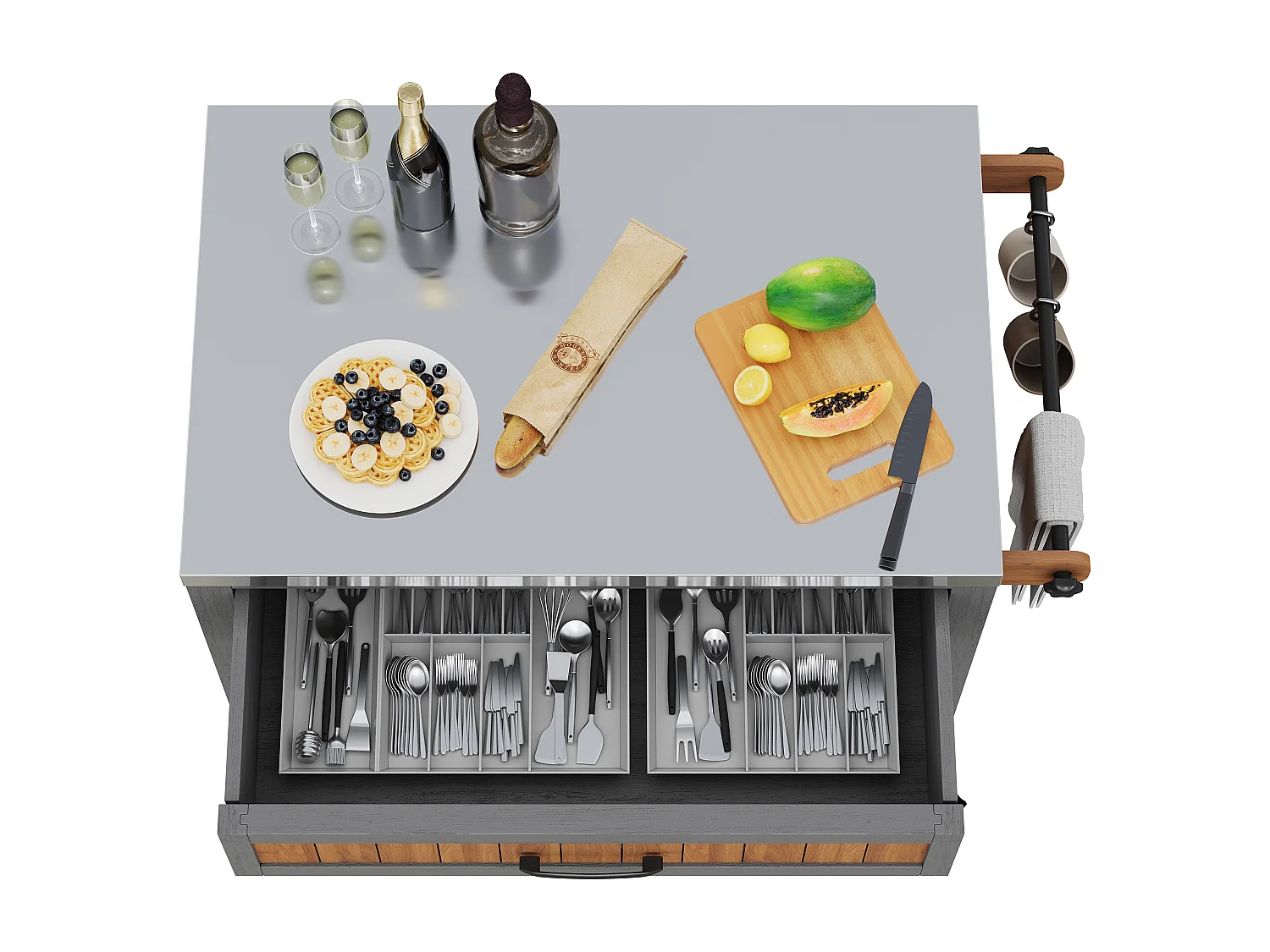 Szafka ogrodowa na kółkach - 80 x 51 x 91,5 cm - z blatem roboczym + szufladami + półką - drewno - naturalne