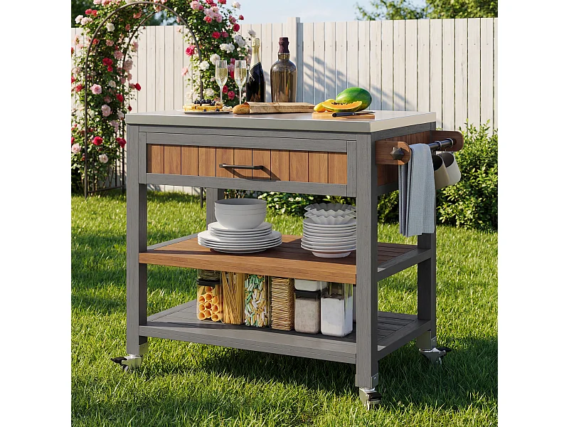 Szafka ogrodowa na kółkach - 80 x 51 x 91,5 cm - z blatem roboczym + szufladami + półką - drewno - naturalne