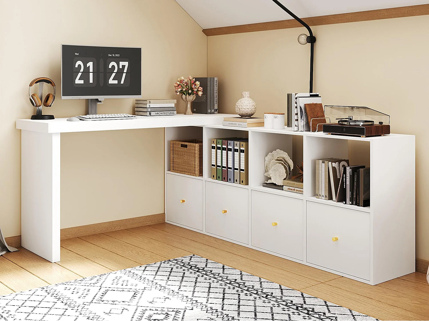 Bureau d'angle pivotant - 4 compartiments et 4 tiroirs  - Plateau pivotant à 360° - Plateau et pieds renforcés - MDF - Blanc