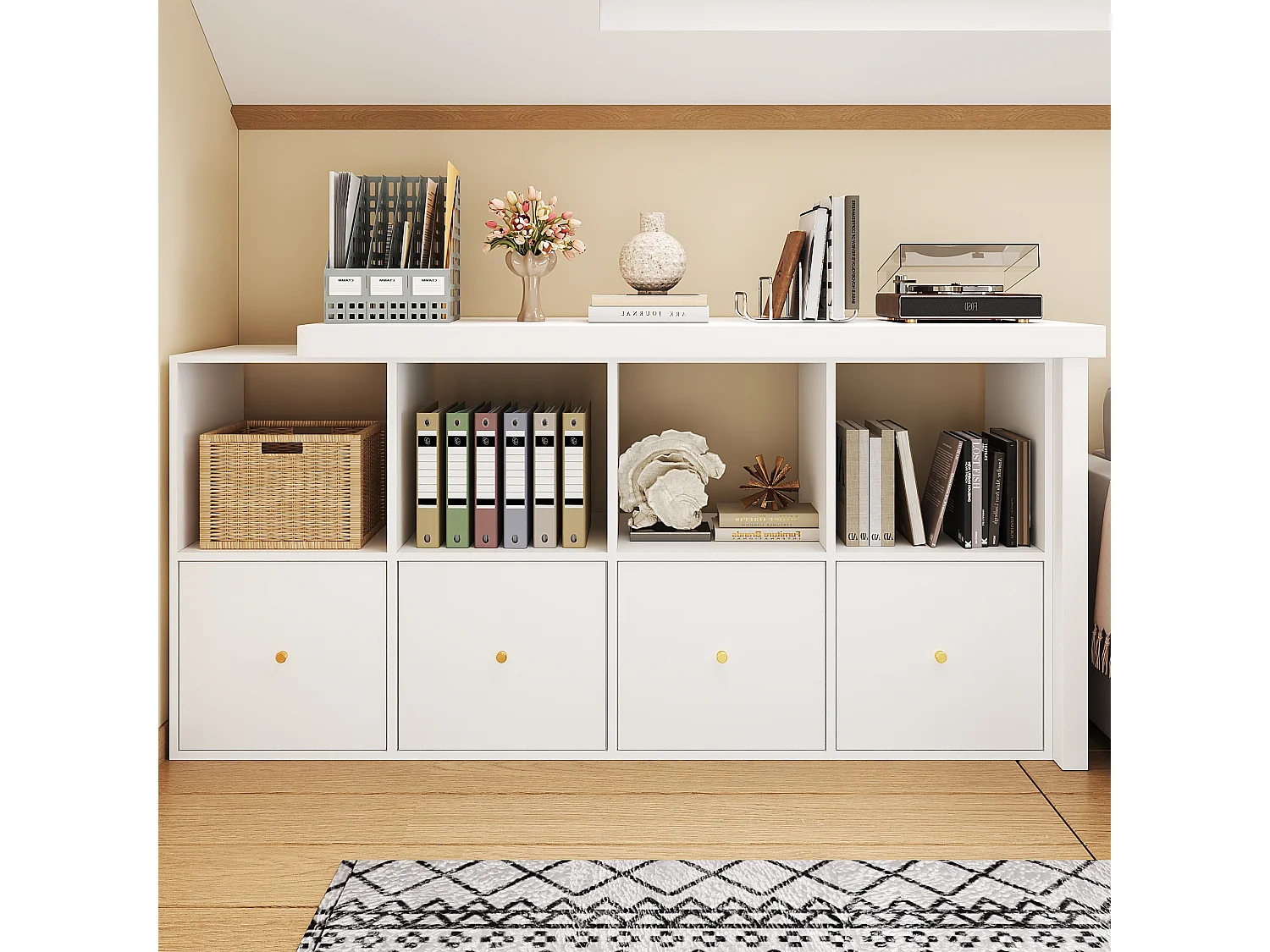 Bureau d'angle pivotant - 4 compartiments et 4 tiroirs  - Plateau pivotant à 360° - Plateau et pieds renforcés - MDF - Blanc