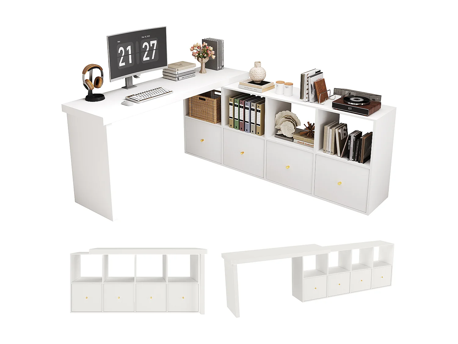 Bureau d'angle pivotant - 4 compartiments et 4 tiroirs  - Plateau pivotant à 360° - Plateau et pieds renforcés - MDF - Blanc