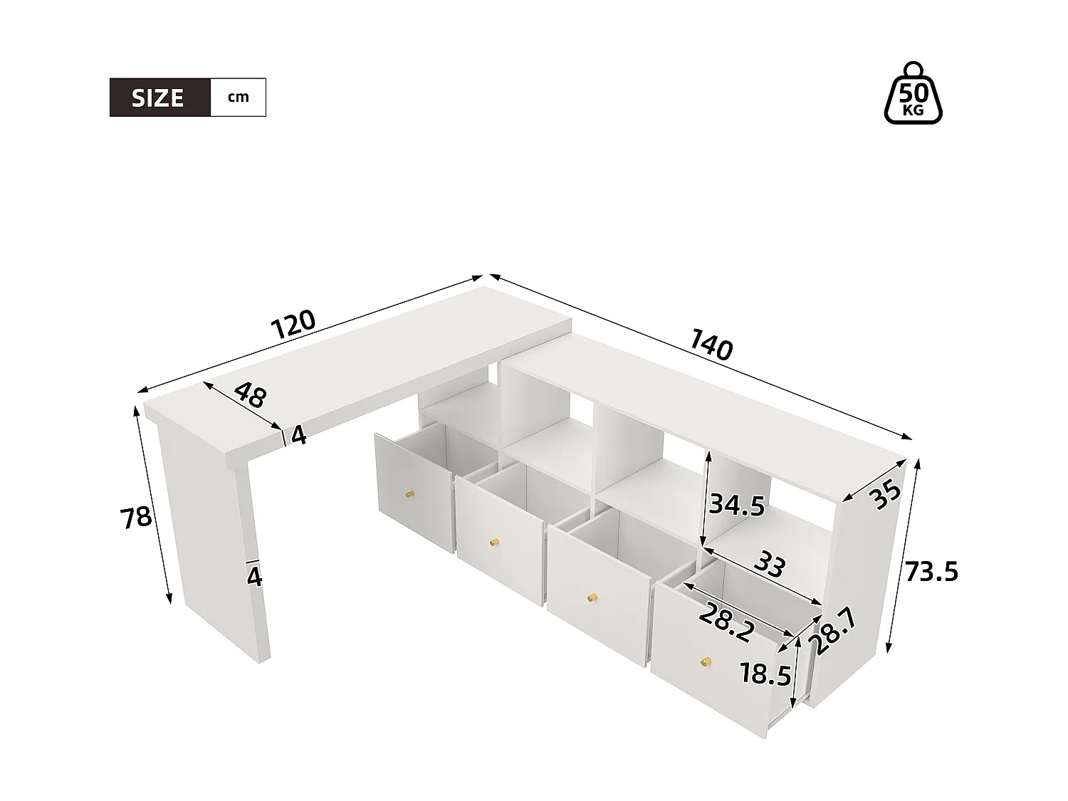Bureau d'angle pivotant - 4 compartiments et 4 tiroirs  - Plateau pivotant à 360° - Plateau et pieds renforcés - MDF - Blanc
