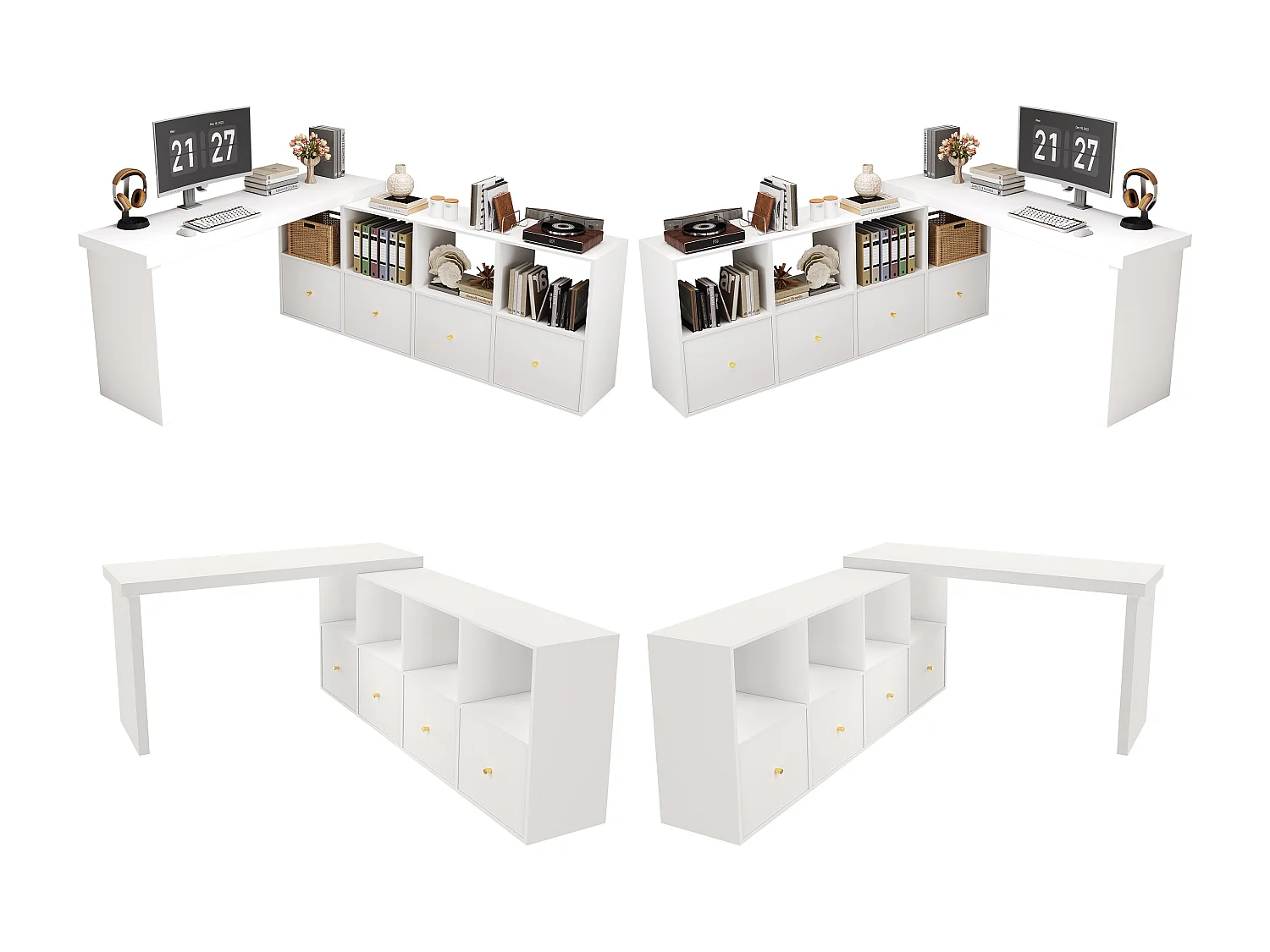Bureau d'angle pivotant - 4 compartiments et 4 tiroirs  - Plateau pivotant à 360° - Plateau et pieds renforcés - MDF - Blanc