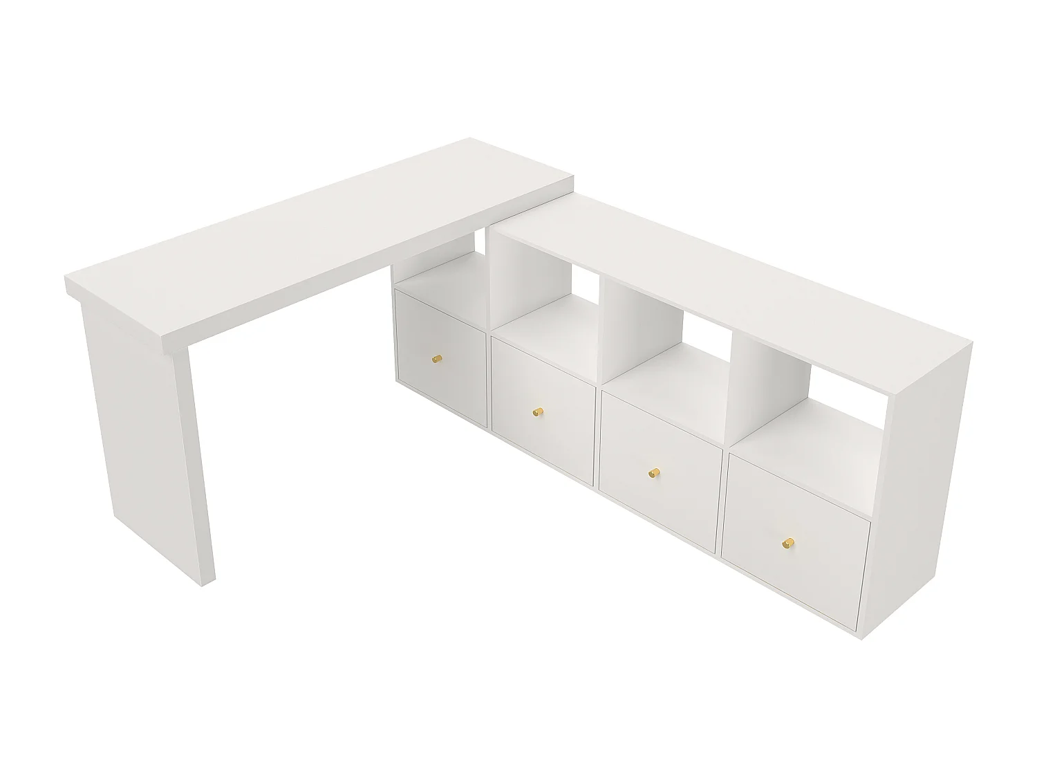 Bureau d'angle pivotant - 4 compartiments et 4 tiroirs  - Plateau pivotant à 360° - Plateau et pieds renforcés - MDF - Blanc